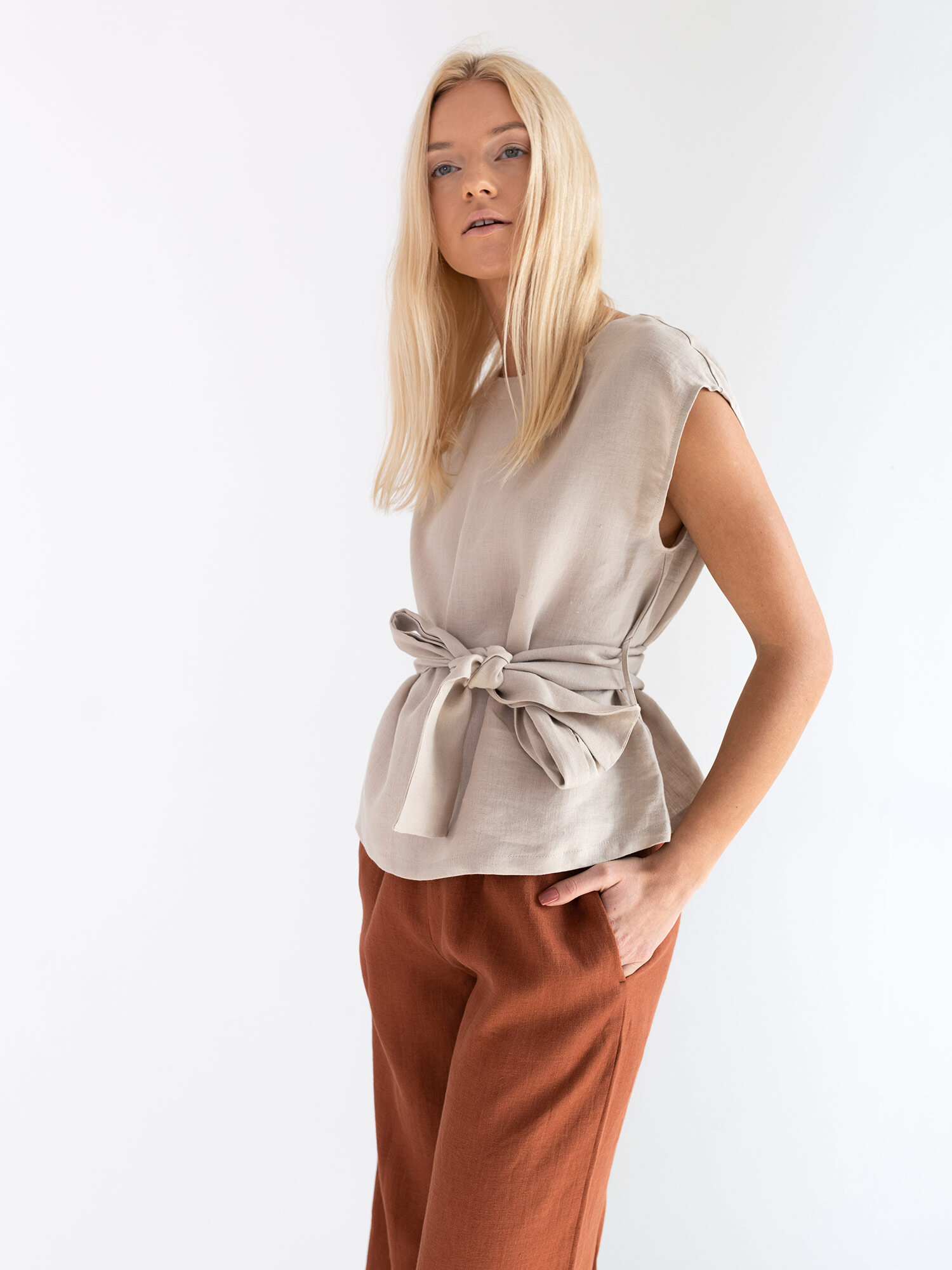 ALEXANDRA Linen Tie Waist Top - Image 3