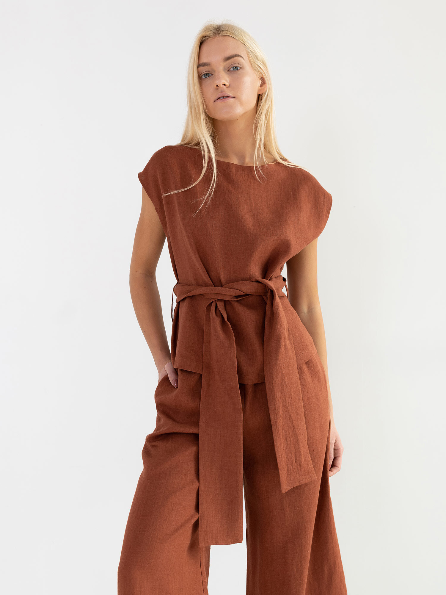 ALEXANDRA Linen Tie Waist Top - Image 1