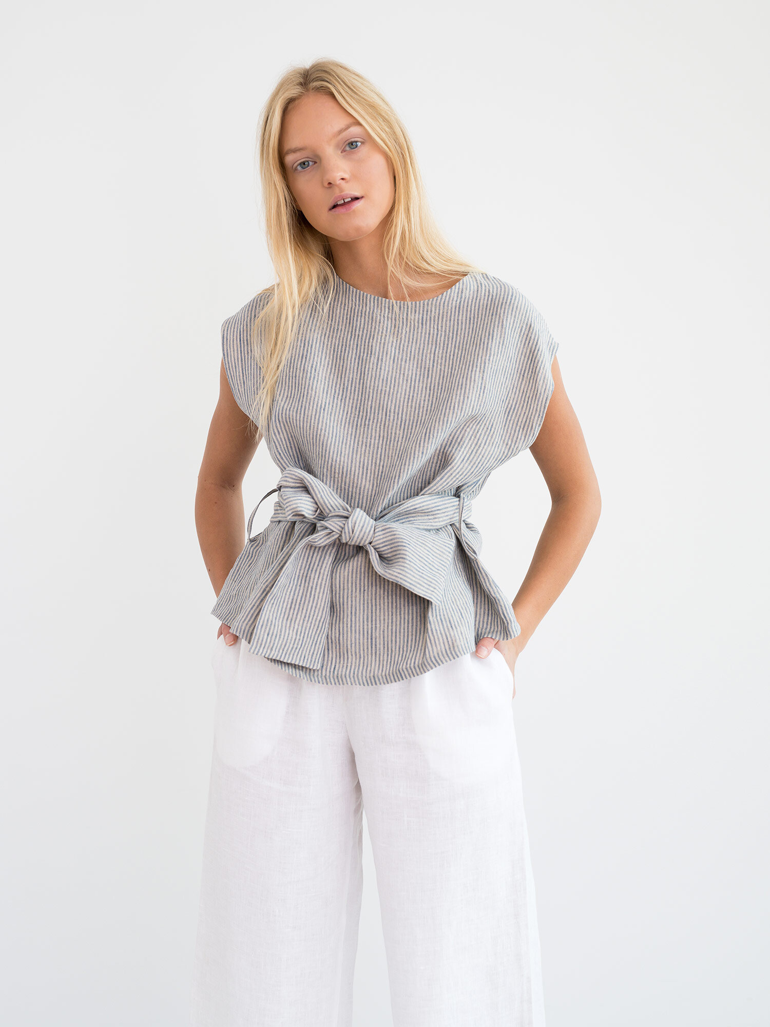 ALEXANDRA Linen Tie Waist Top - Image 2