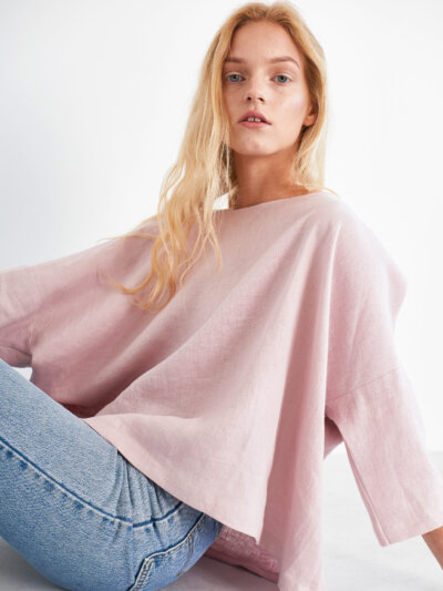 AMELIA ylisuuri pellavapaita omenankukan värisenä edestä — venepääntie ja pitkät hihat