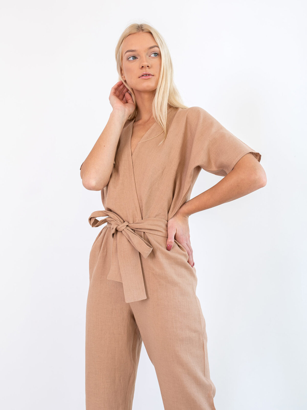 Image 2 of AURORA Linen Jumpsuit in Camel from Love and Confuse