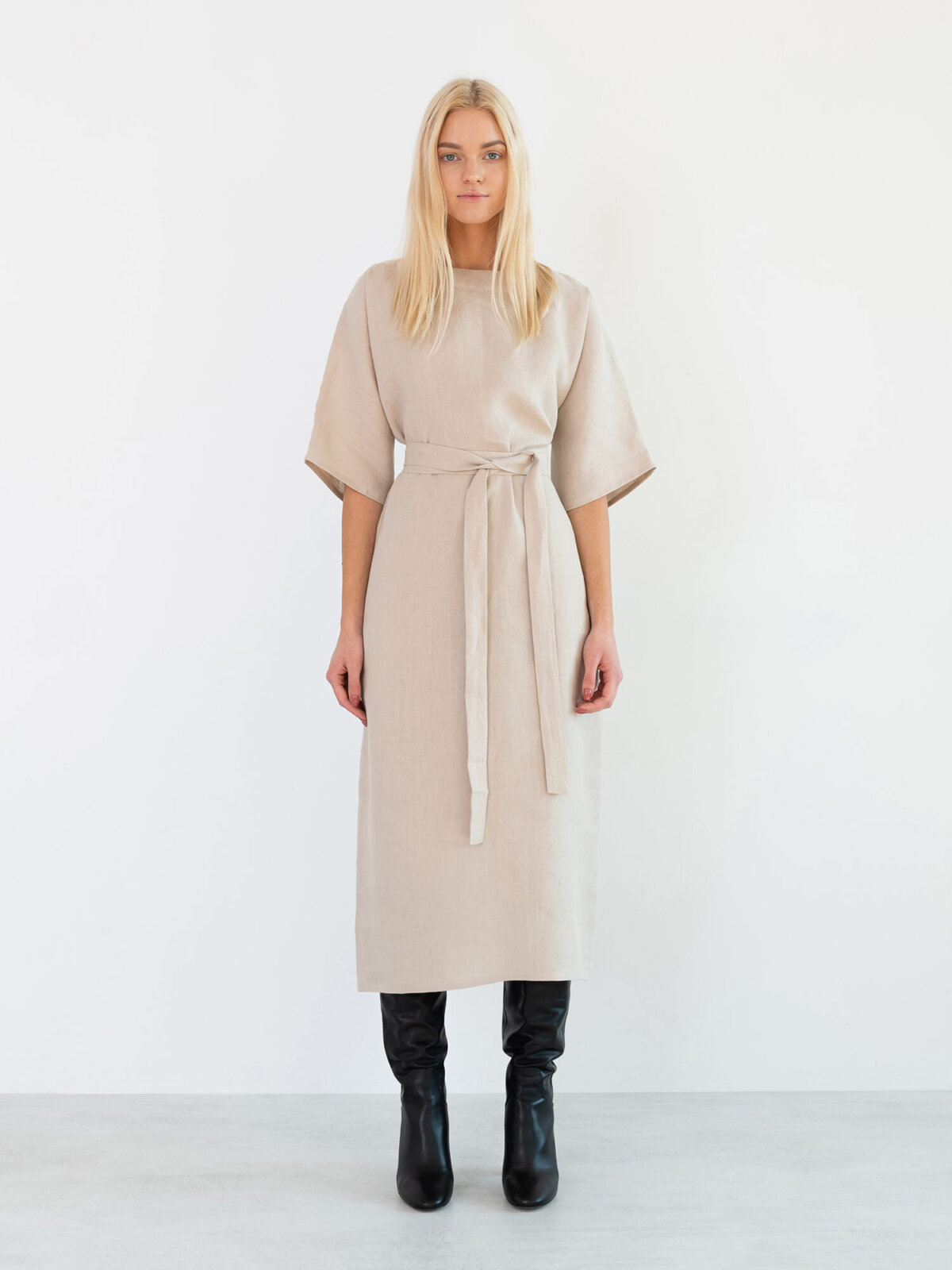 CLEMENTINE pellava midimekko Beige — kokovartalokuva