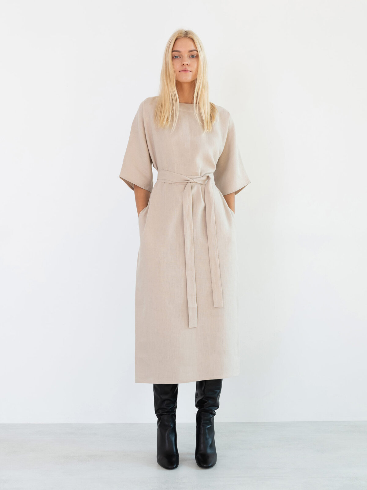 CLEMENTINE pellava midimekko Beige — takaa