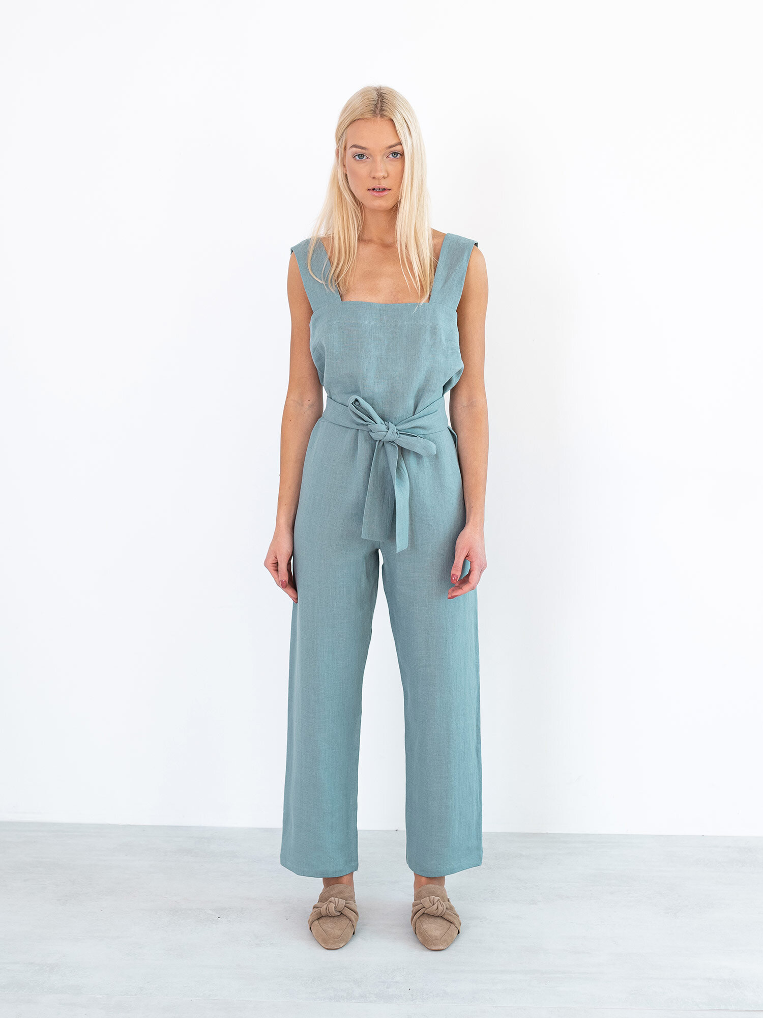 DAKOTA Sleeveless Linen Jumpsuit in Dark Turquoise - Image 2