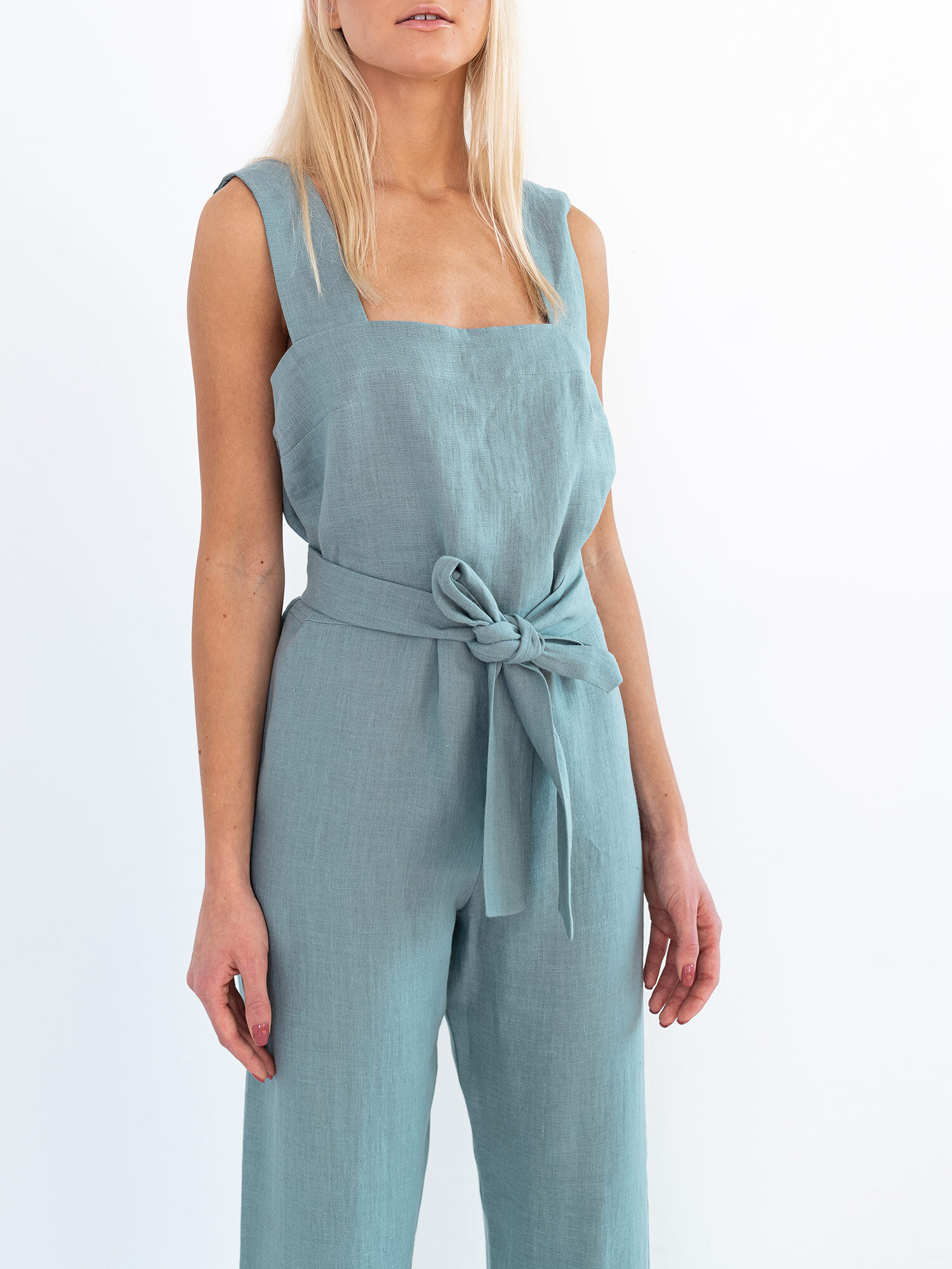 DAKOTA Sleeveless Linen Jumpsuit in Dark Turquoise - Image 3