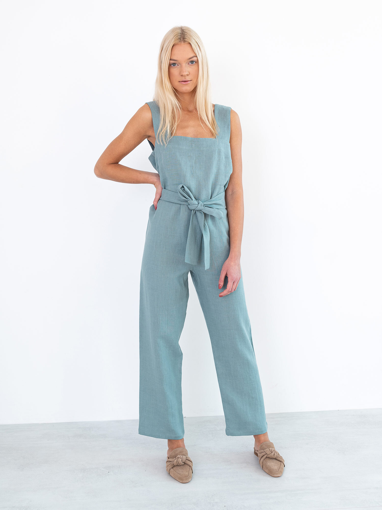 DAKOTA Sleeveless Linen Jumpsuit in Dark Turquoise - Image 4