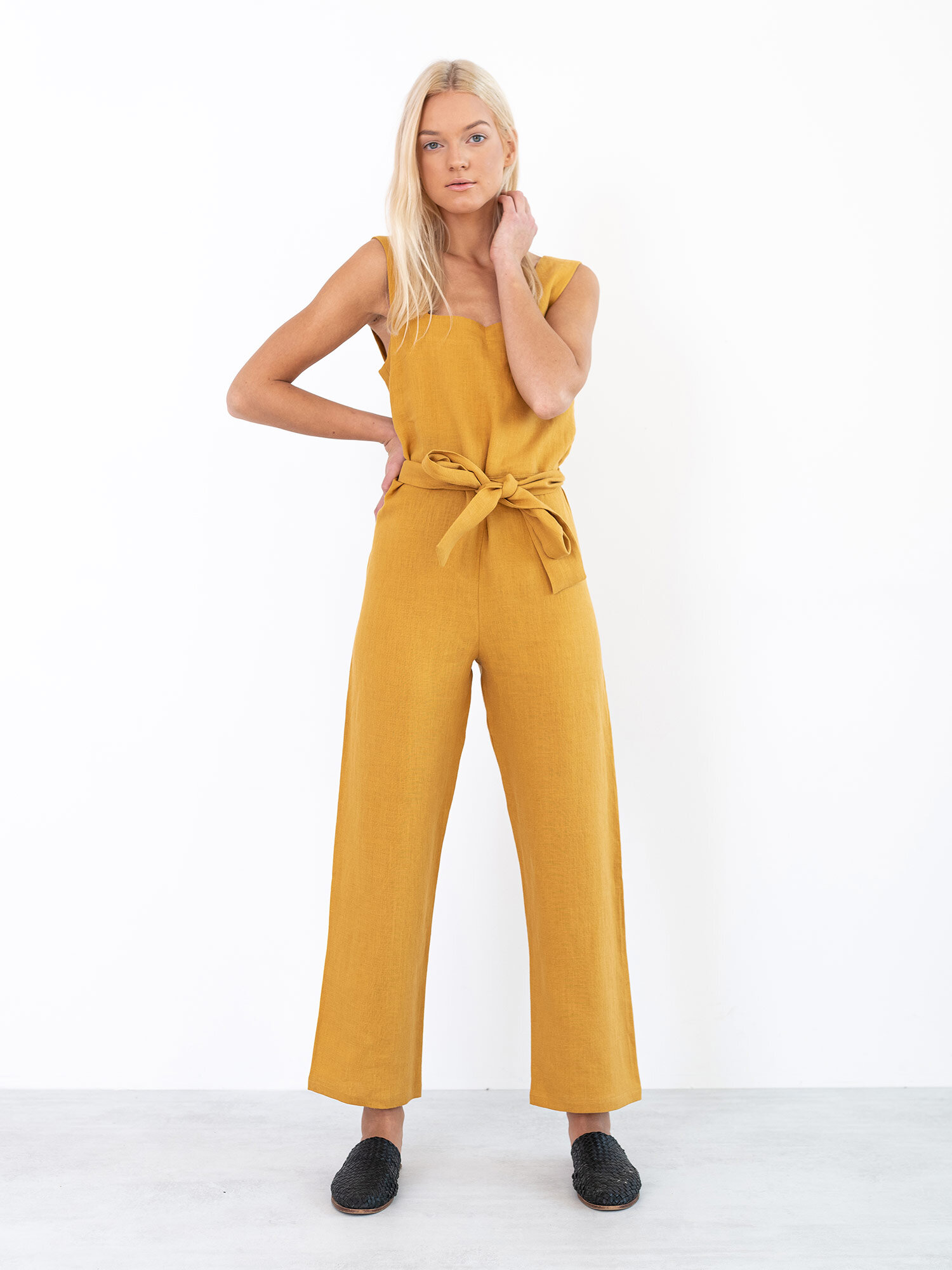 DAKOTA Sleeveless Linen Jumpsuit in Mustard - Image 3
