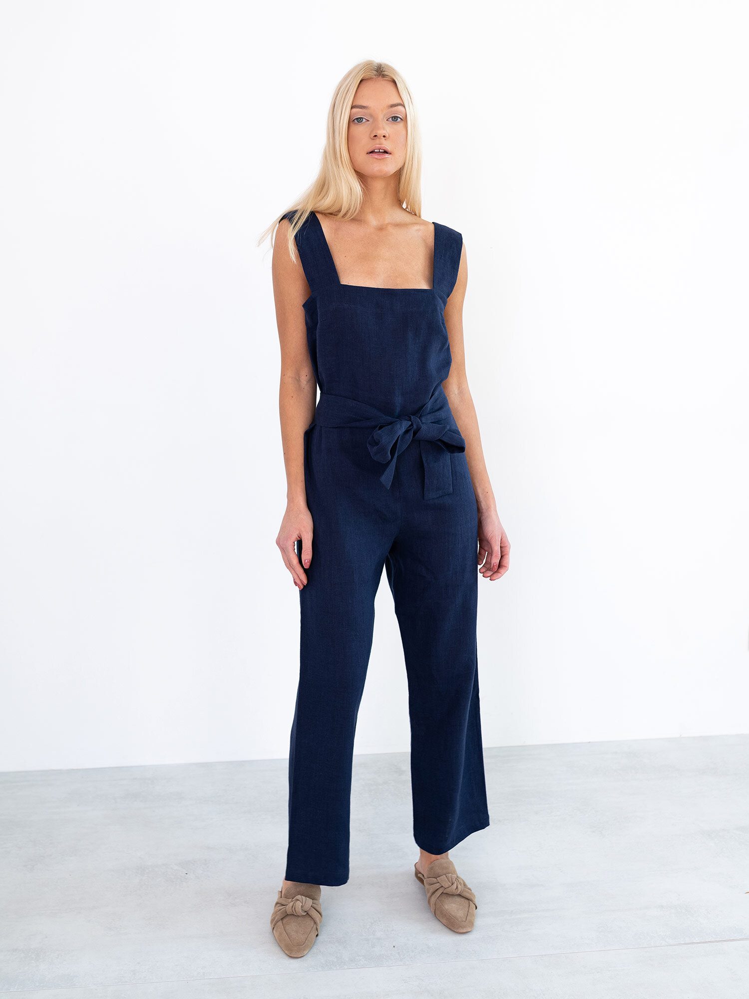 DAKOTA Sleeveless Linen Jumpsuit in Navy Blue - Image 1