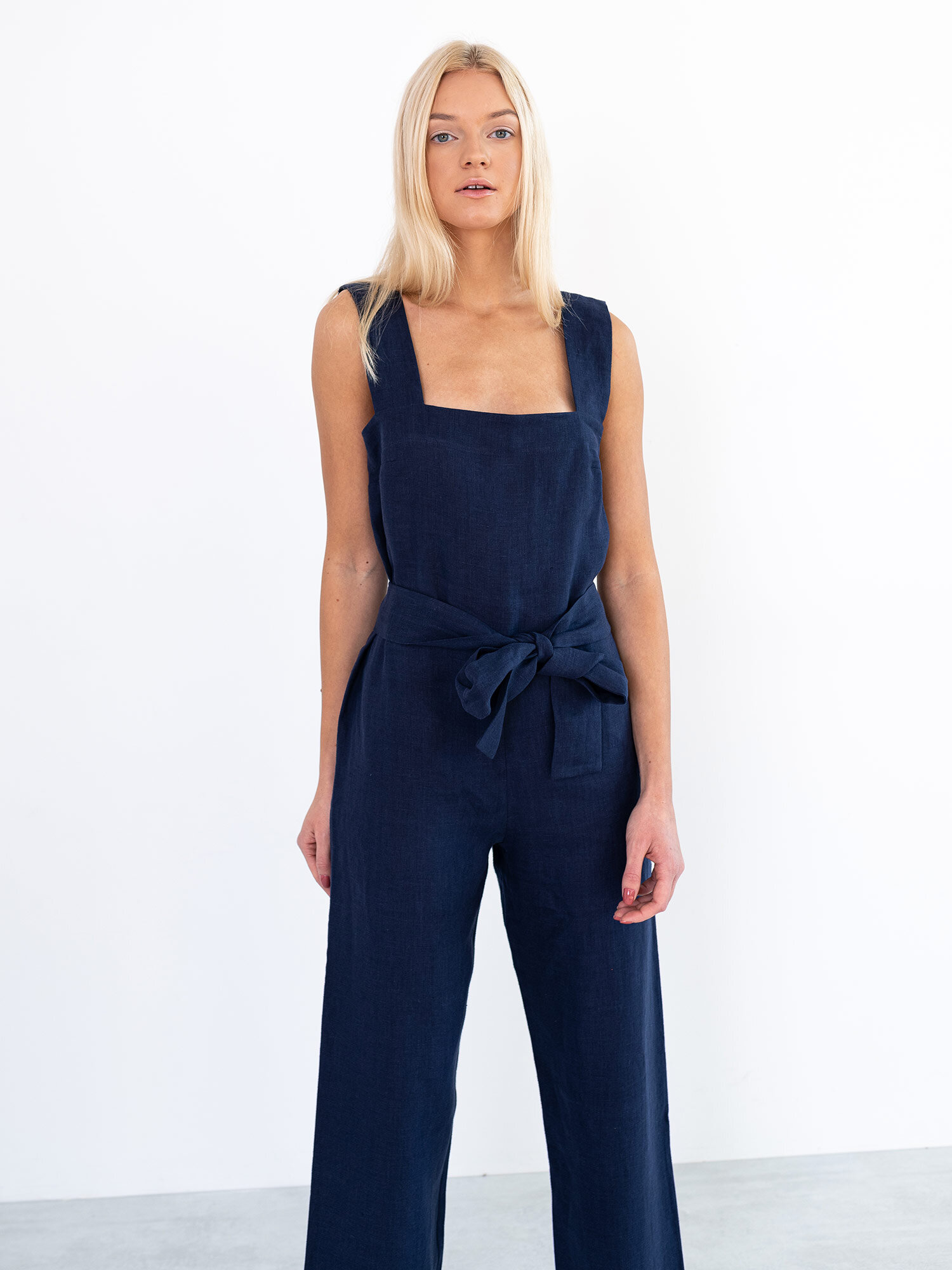 DAKOTA Sleeveless Linen Jumpsuit in Navy Blue - Image 2