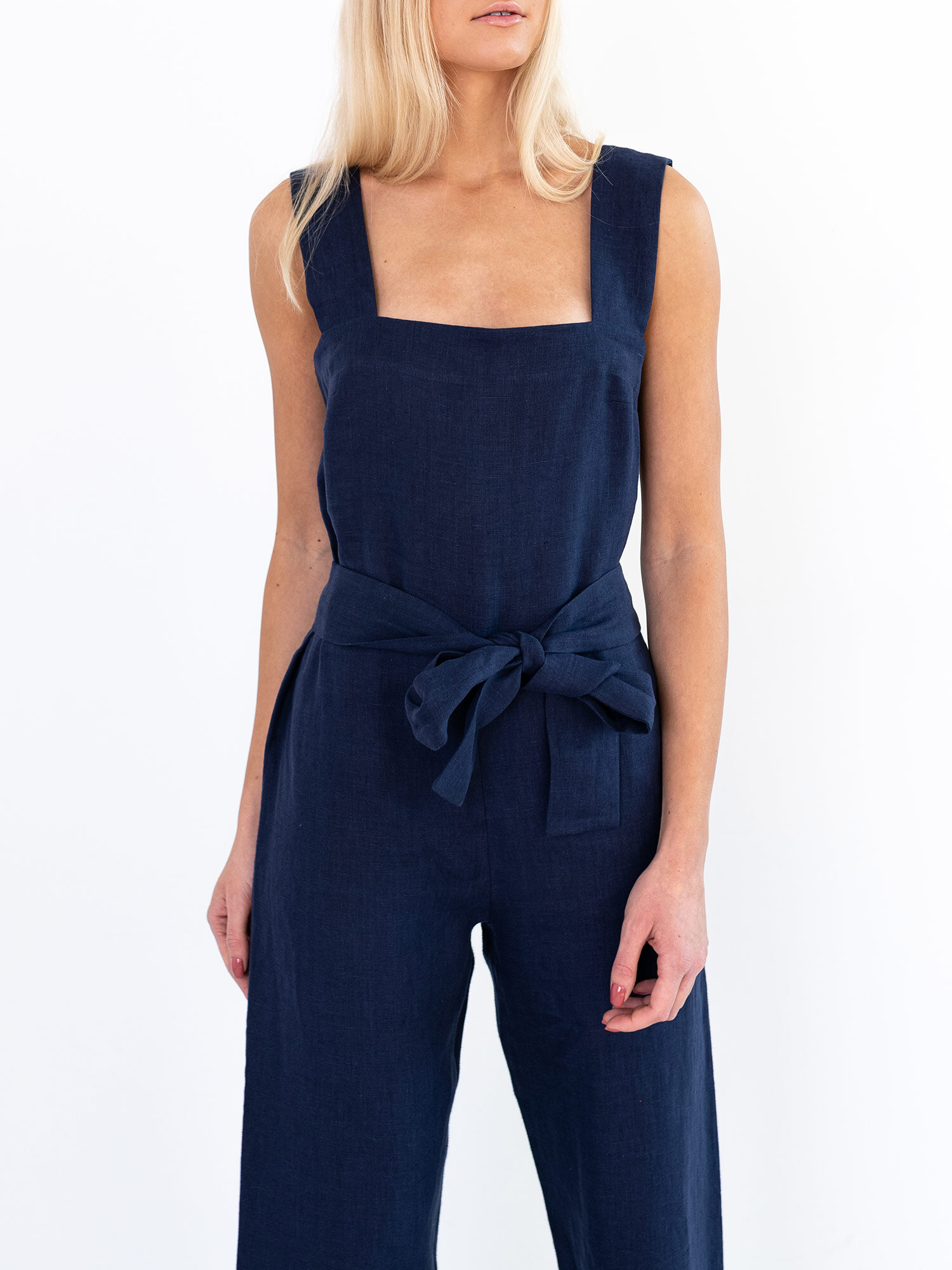 DAKOTA Sleeveless Linen Jumpsuit in Navy Blue - Image 3