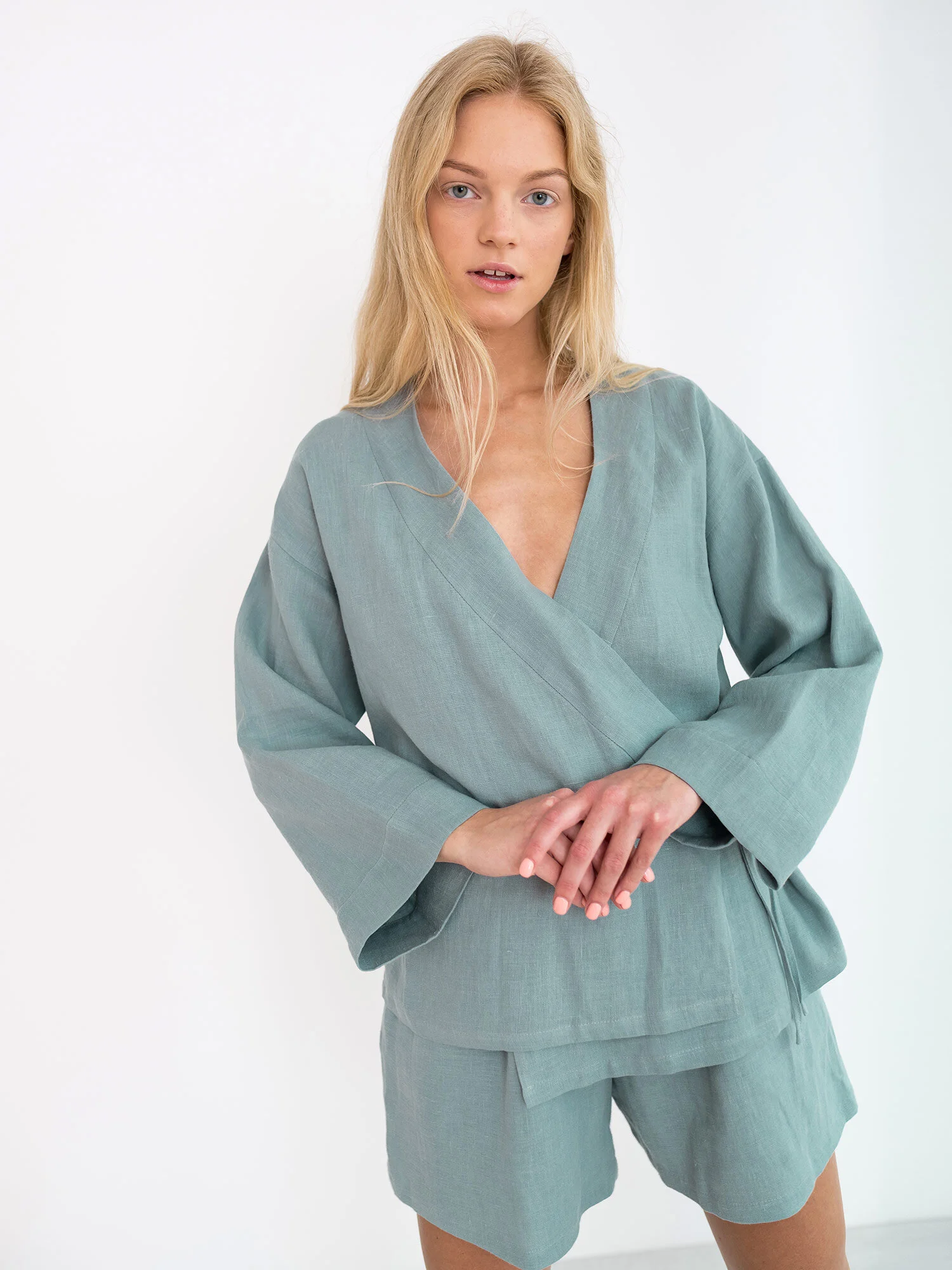 Image 1 of DELILAH Linen Kimono Jacket in Dark Turquoise from Love and Confuse