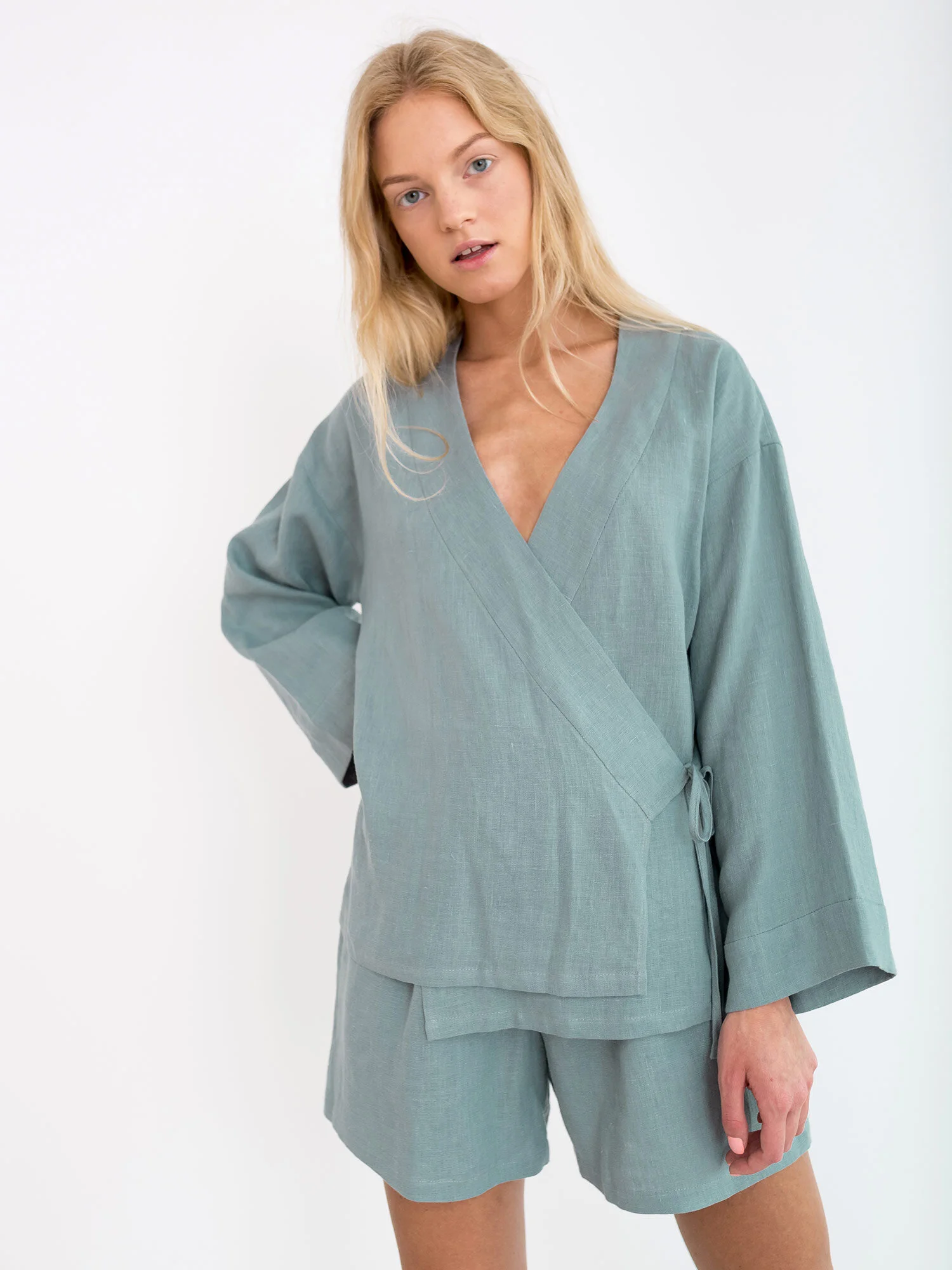 Image 4 of DELILAH Linen Kimono Jacket in Dark Turquoise from Love and Confuse