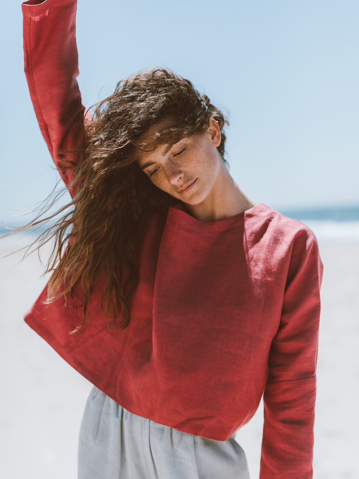 IVY pitkähihainen pellavapaita Vadelma — edestä