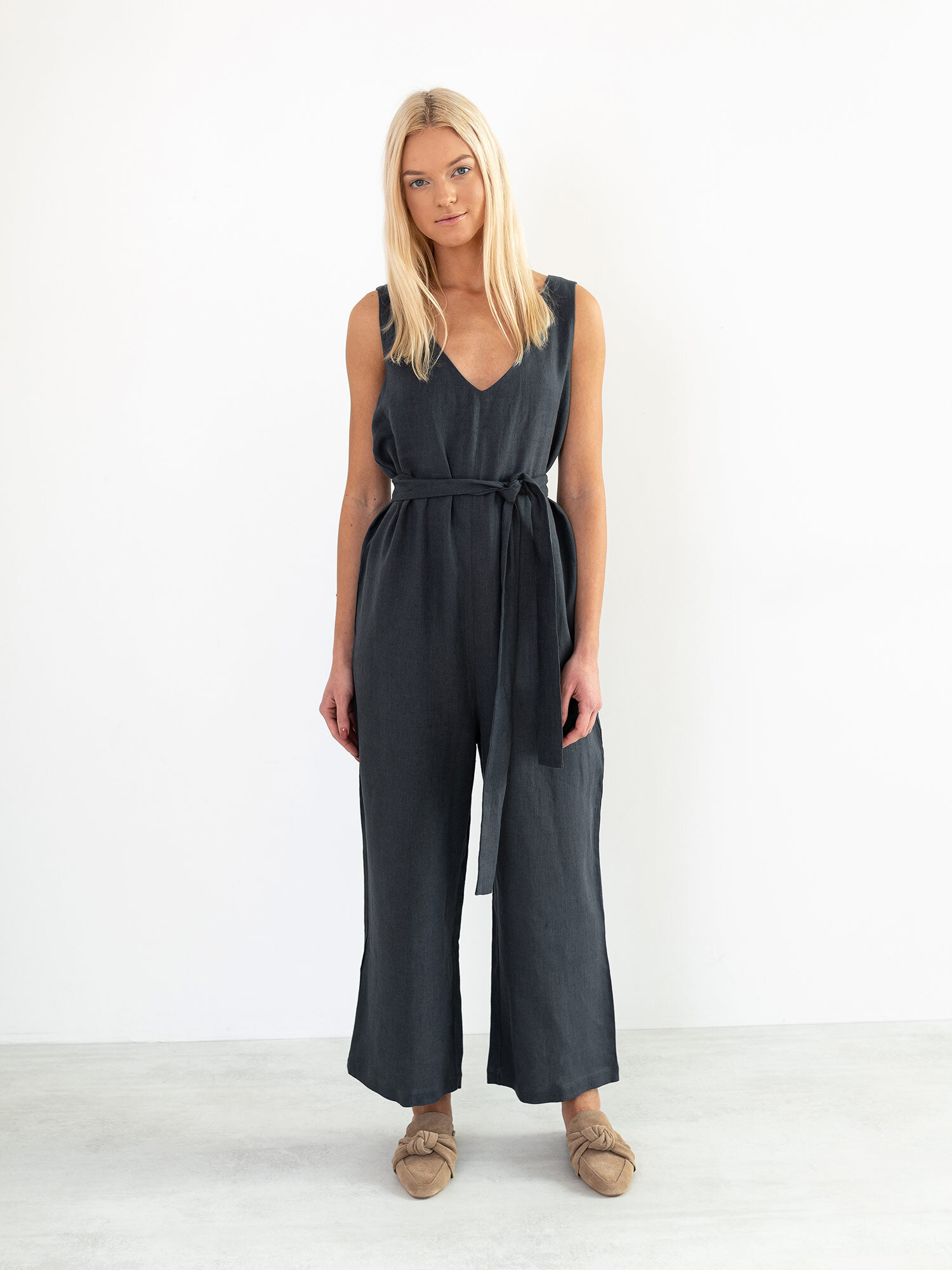 MADELINE Sleeveless Linen Jumpsuit in Dark Grey - Image 2