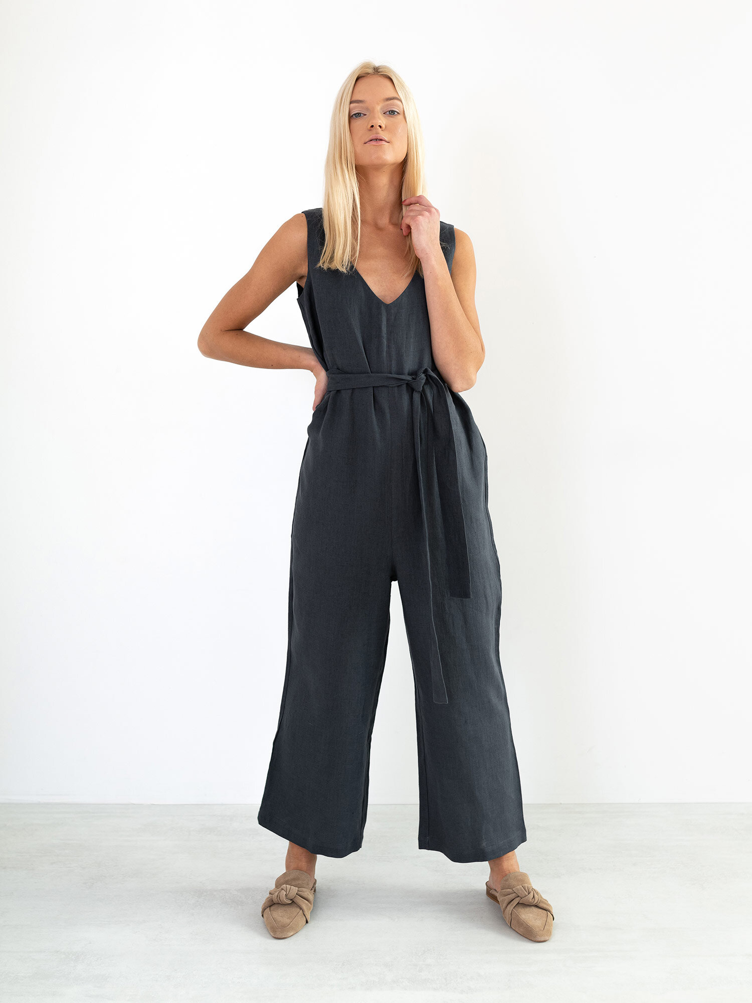 MADELINE Sleeveless Linen Jumpsuit in Dark Grey - Image 5