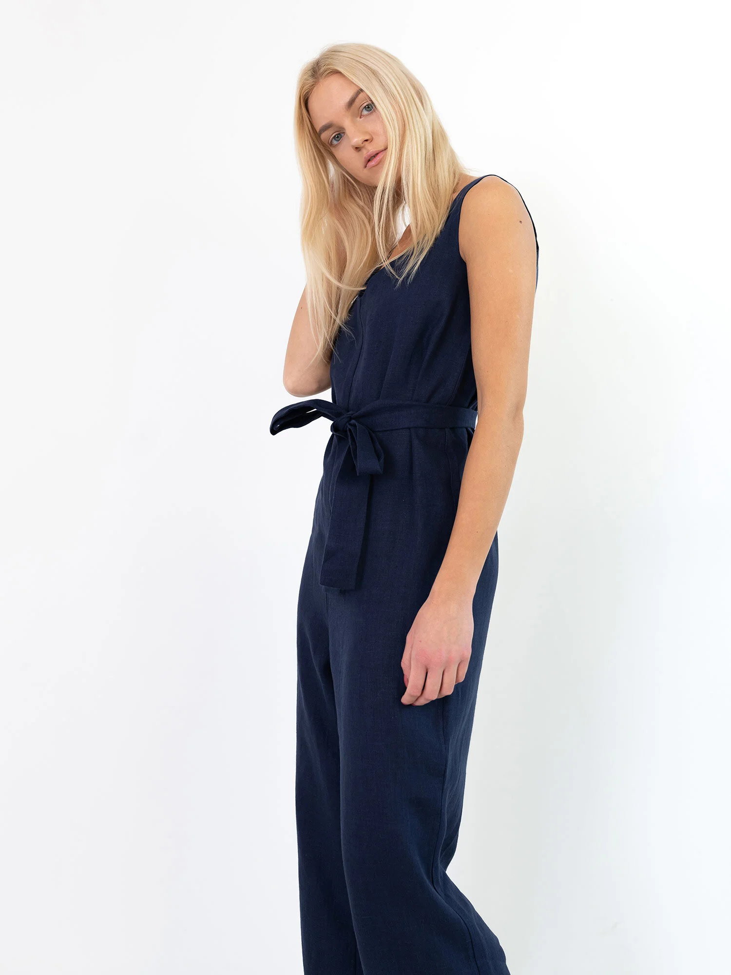 Image 1 of MADELINE Linen Jumpsuit in Navy Blue from Love and Confuse