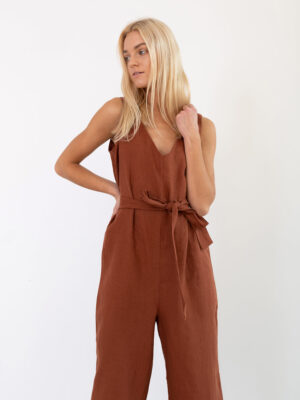 MADELINE Sleeveless Linen Jumpsuit in Rust