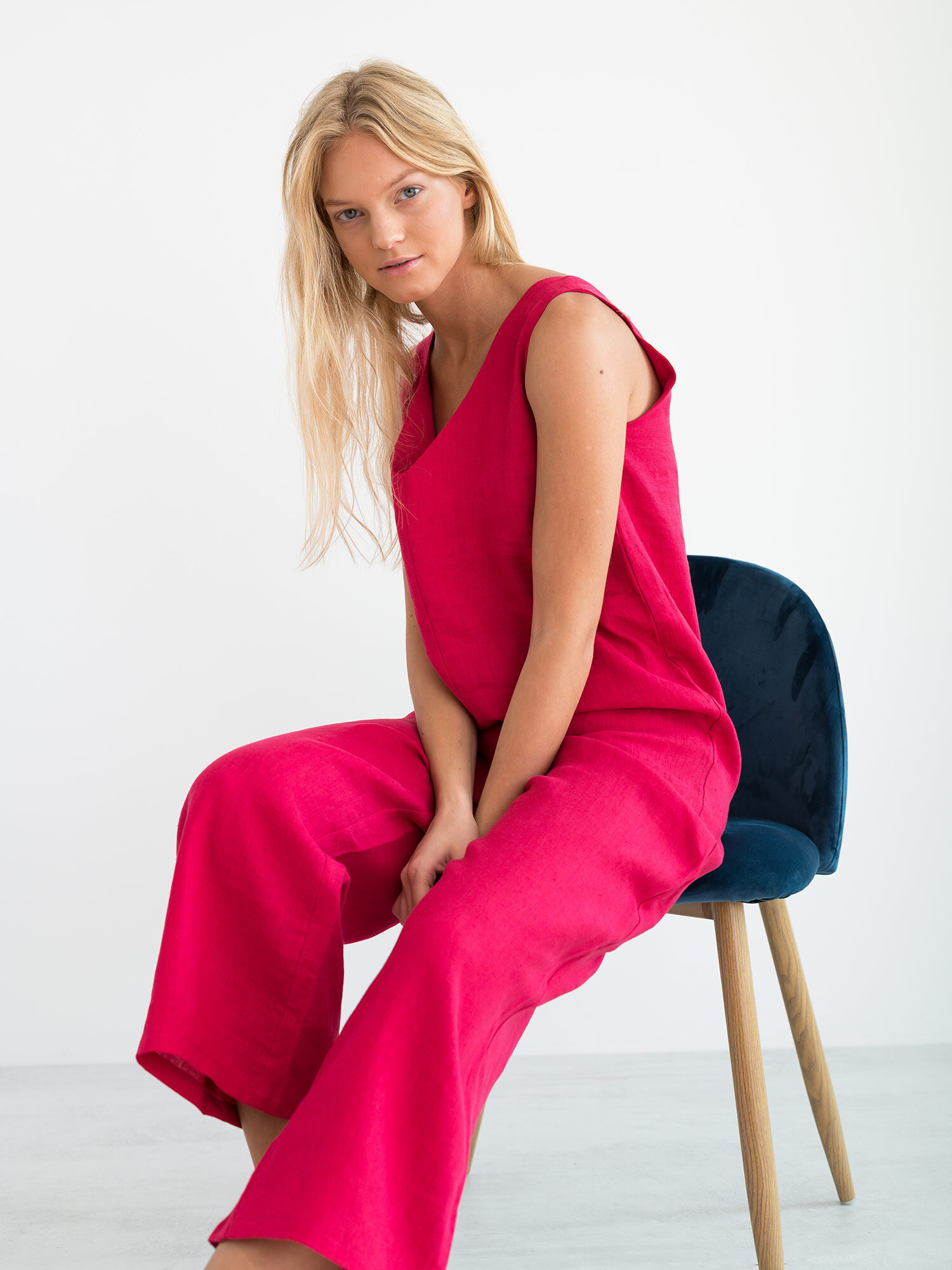 MADELINE Sleeveless Linen Jumpsuit in Vivid Raspberry - Image 1