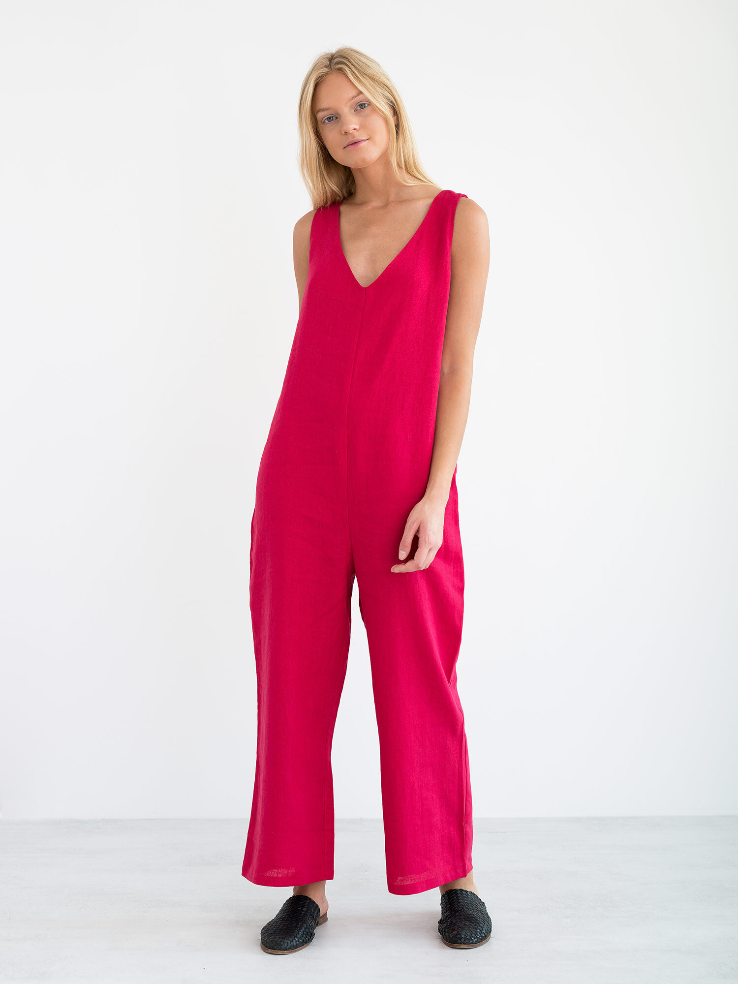 MADELINE Sleeveless Linen Jumpsuit in Vivid Raspberry - Image 2