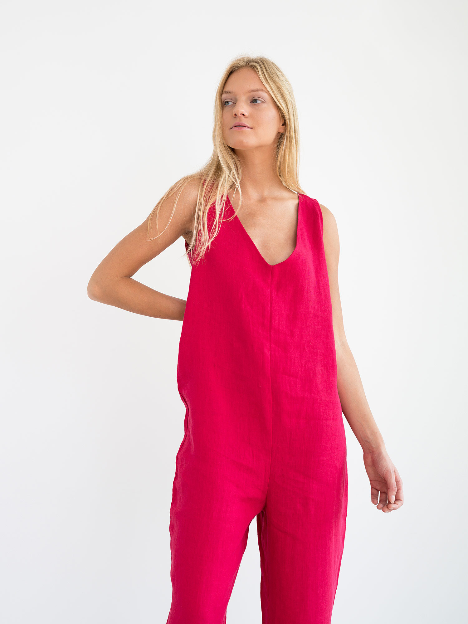 MADELINE Sleeveless Linen Jumpsuit in Vivid Raspberry - Image 3