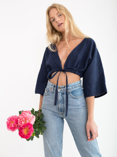 MELLISA Linen Tie Front Crop Top
