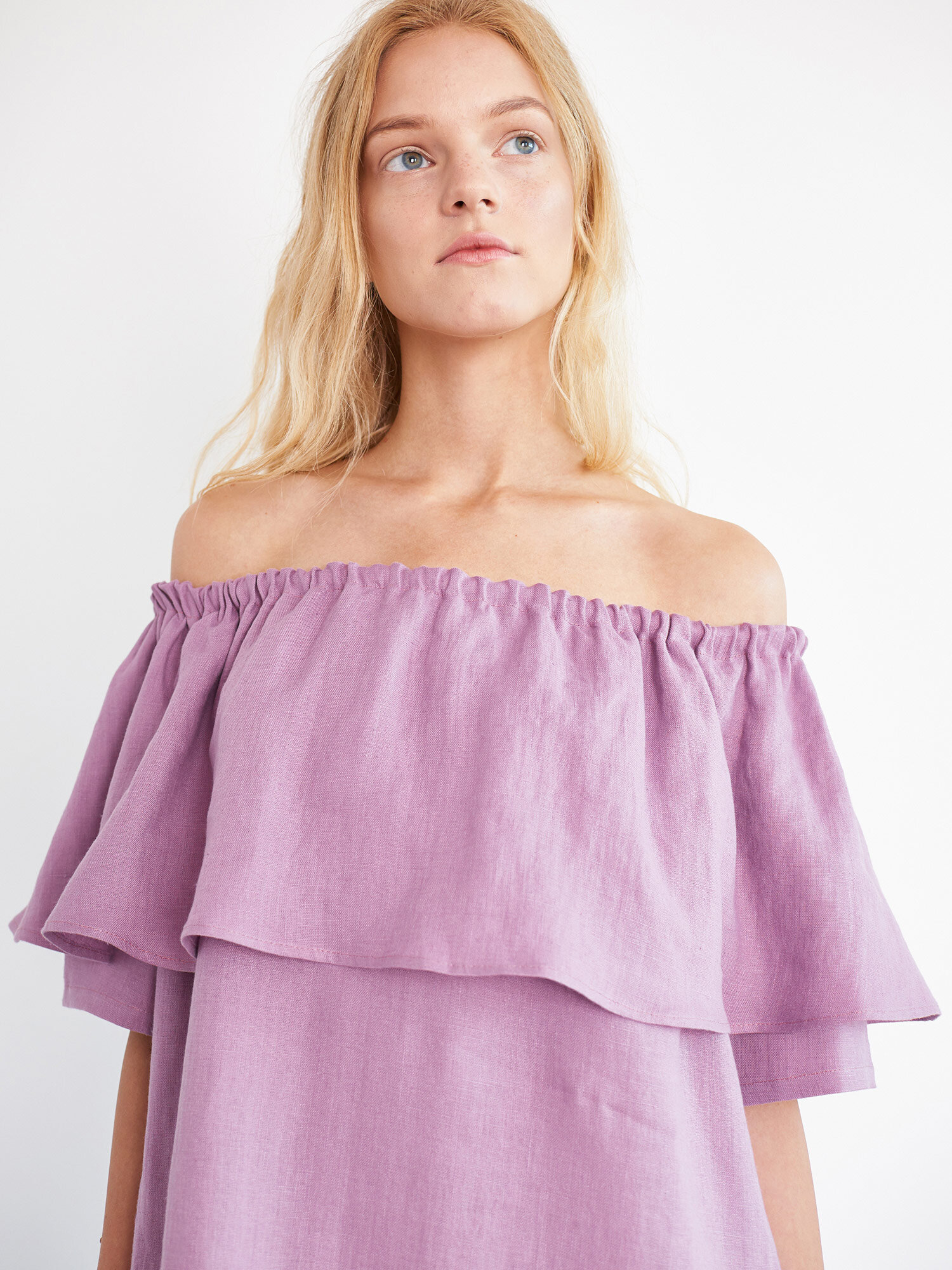 Olkapäätön pellavamekko THALIA, Orkidea - Image 2