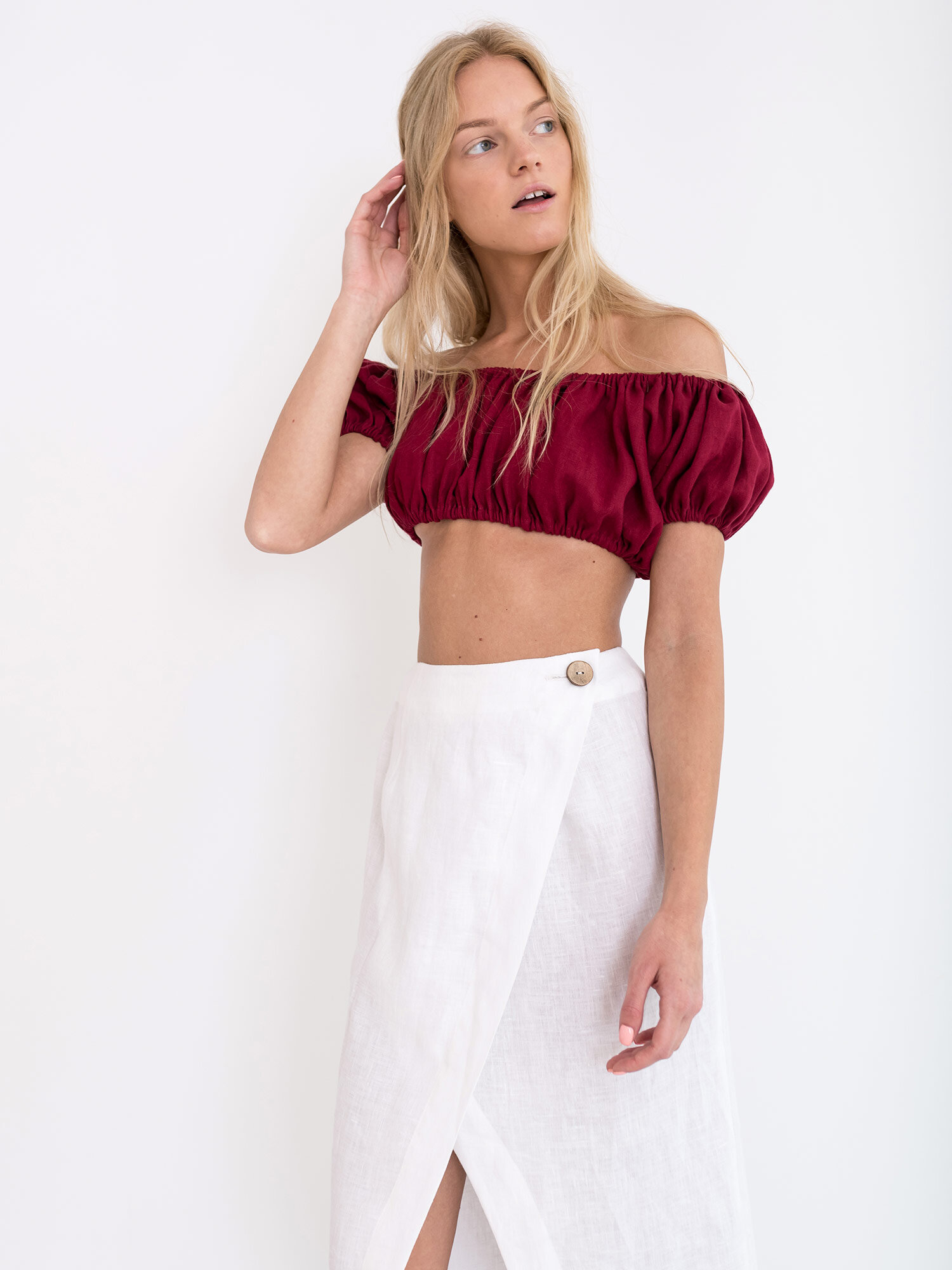 VALENTINA Linen Off Shoulder Crop Top - Image 1
