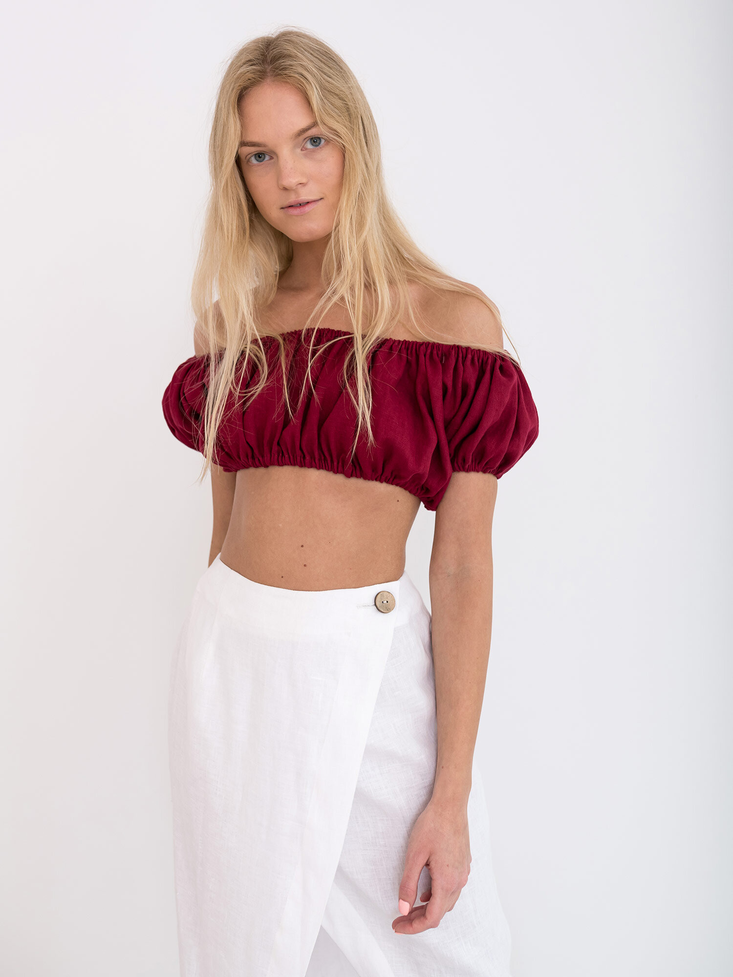 VALENTINA Linen Off Shoulder Crop Top - Image 3