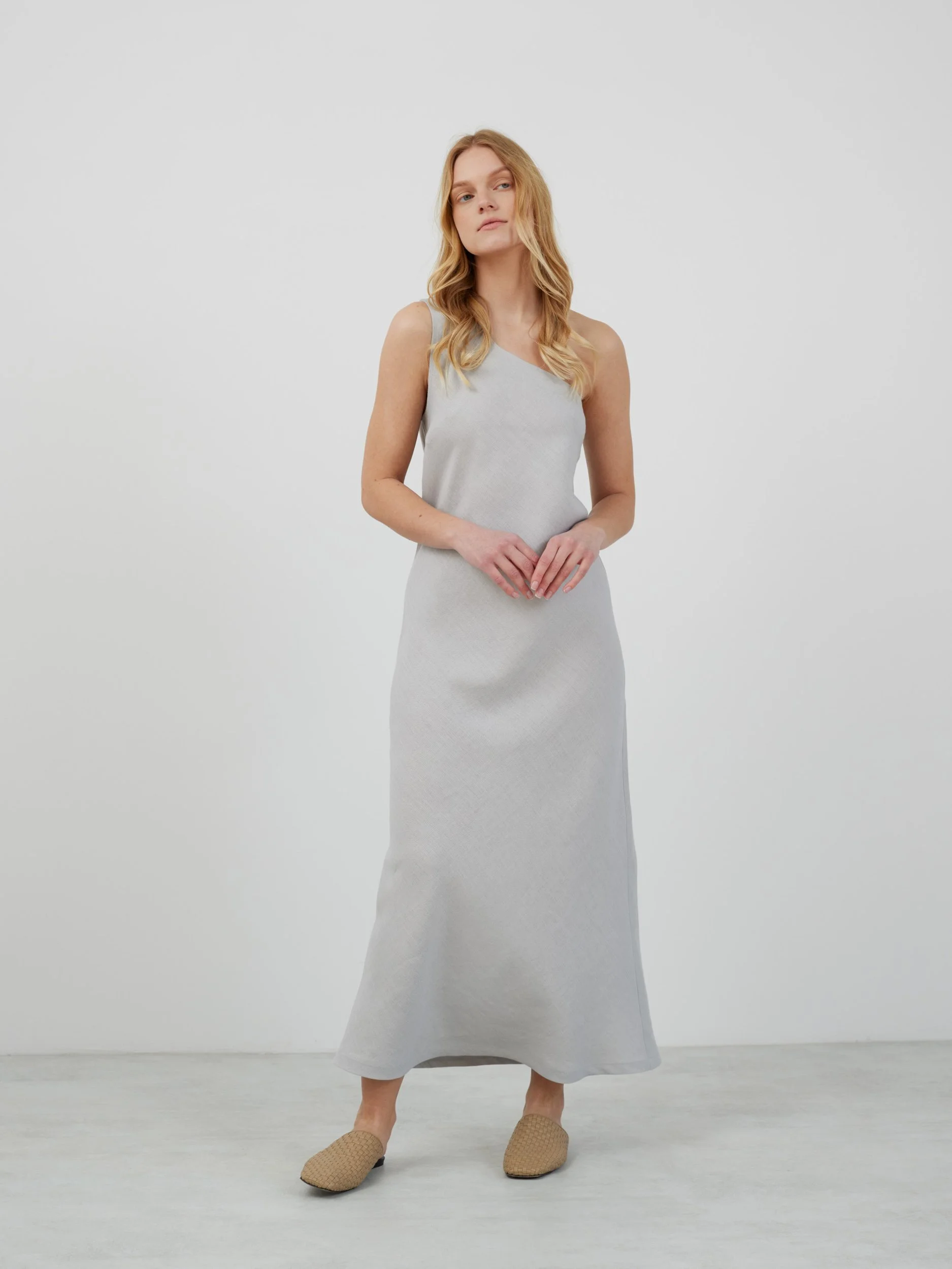 Image 3 of ANGELINA One-Shoulder Linen Maxi Dress in Cloudy Grey from Love and Confuse