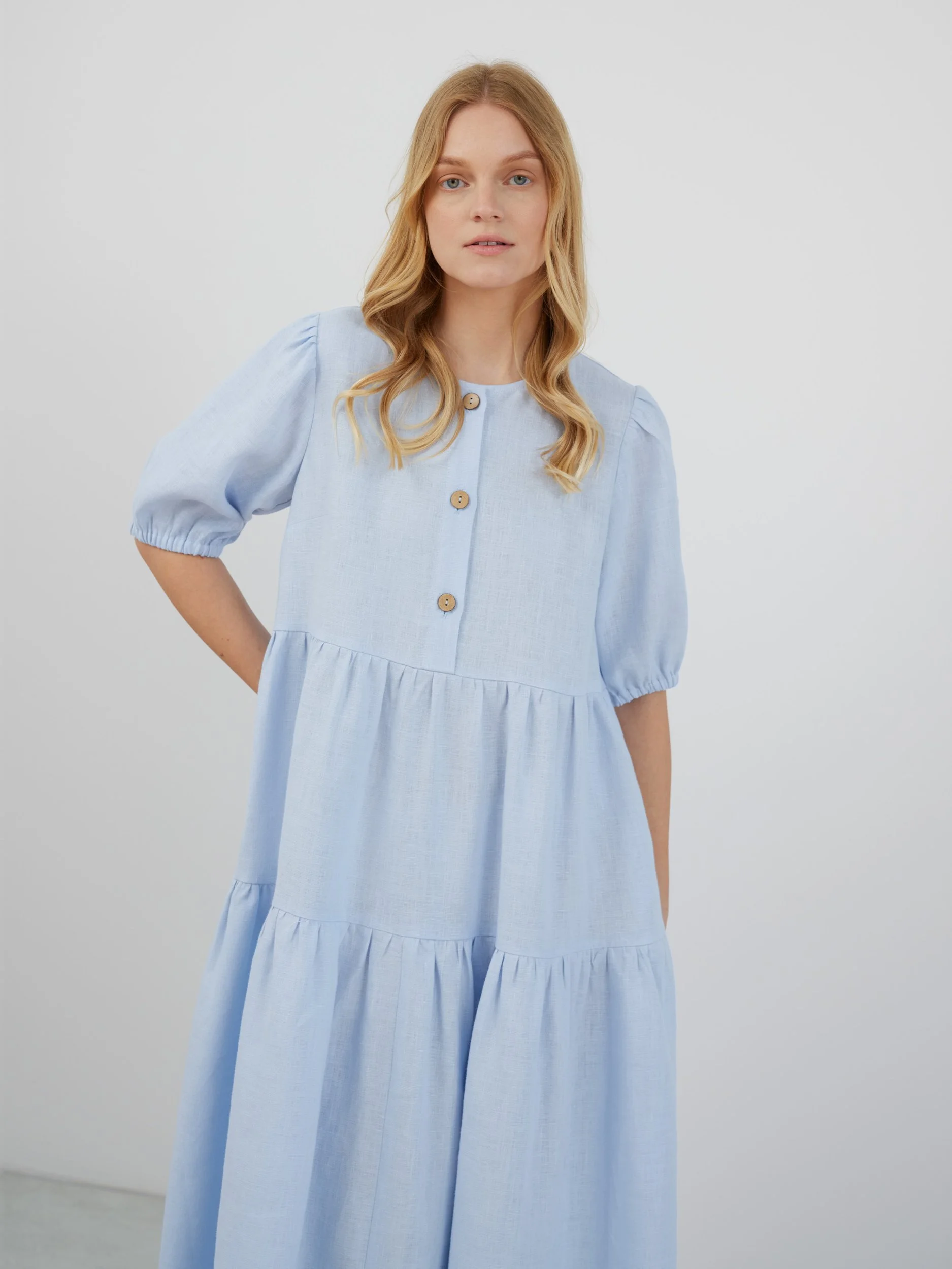 Image 1 of ARI Puff Sleeve Midi Linen Dress in Baby Blue from Love and Confuse