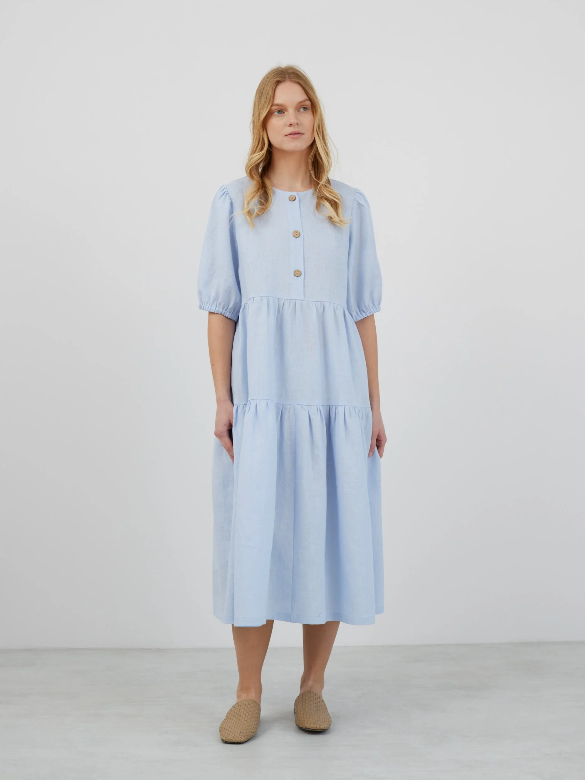Image 2 of ARI Puff Sleeve Midi Linen Dress in Baby Blue from Love and Confuse