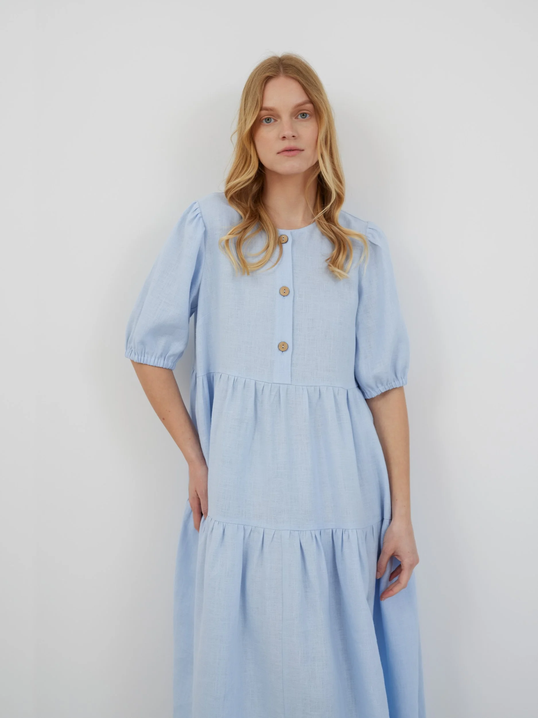 Image 3 of ARI Puff Sleeve Midi Linen Dress in Baby Blue from Love and Confuse