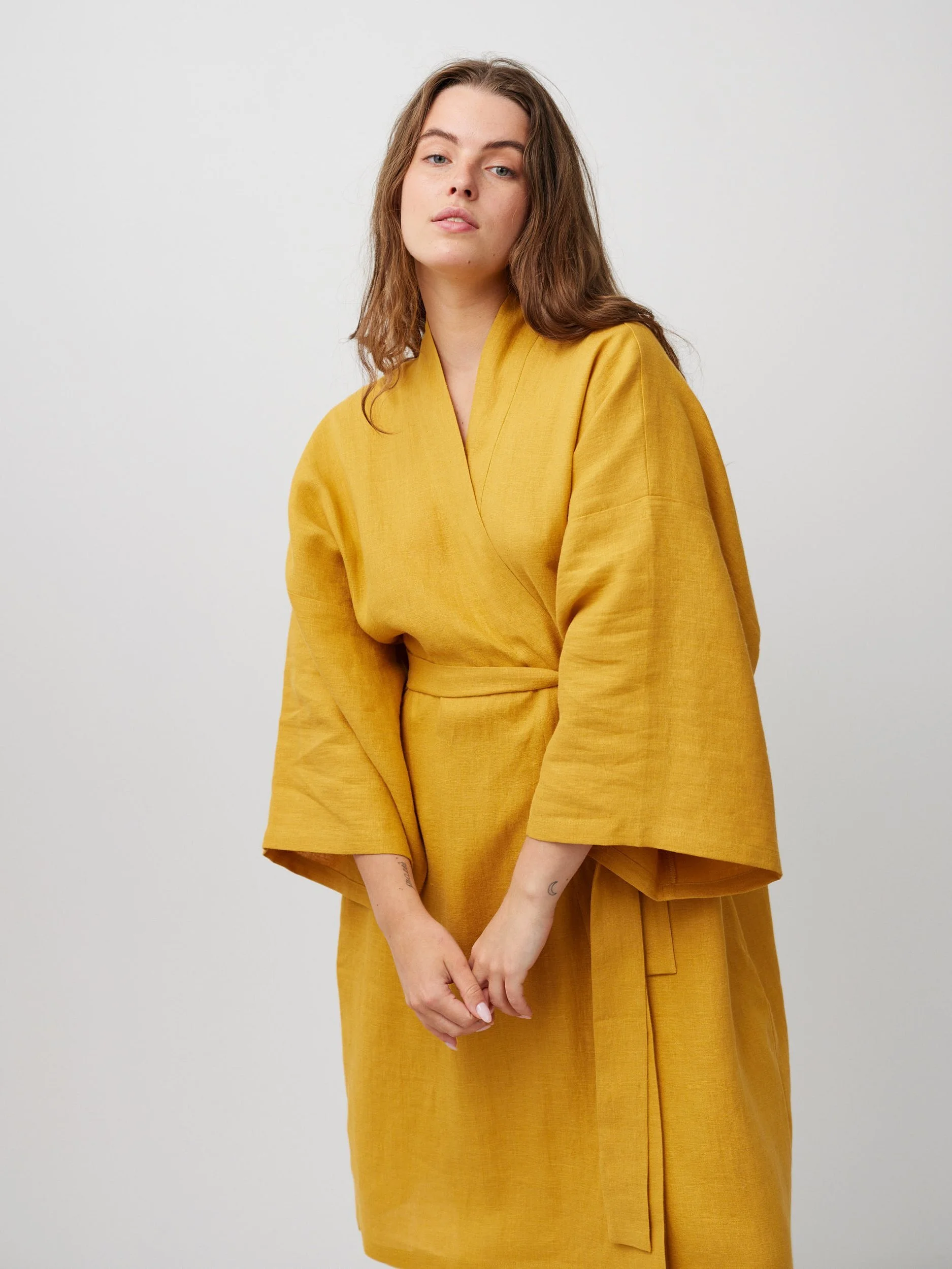 Image 1 of ATHENA Linen Wrap Dress in Mustard from Love and Confuse