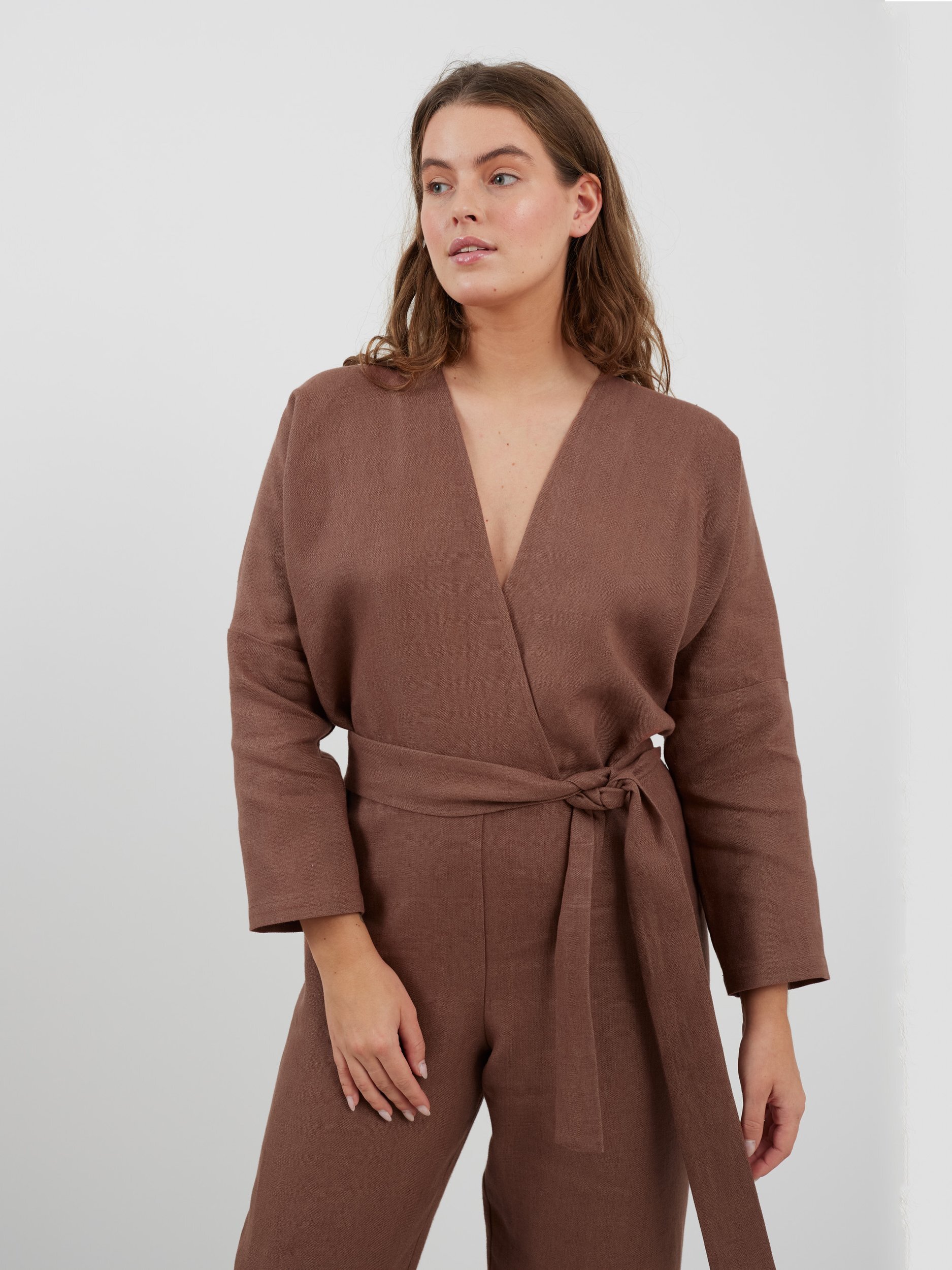 ATLAS Long Sleeve Linen Jumpsuit in Heavy Dark Brown - Image 1