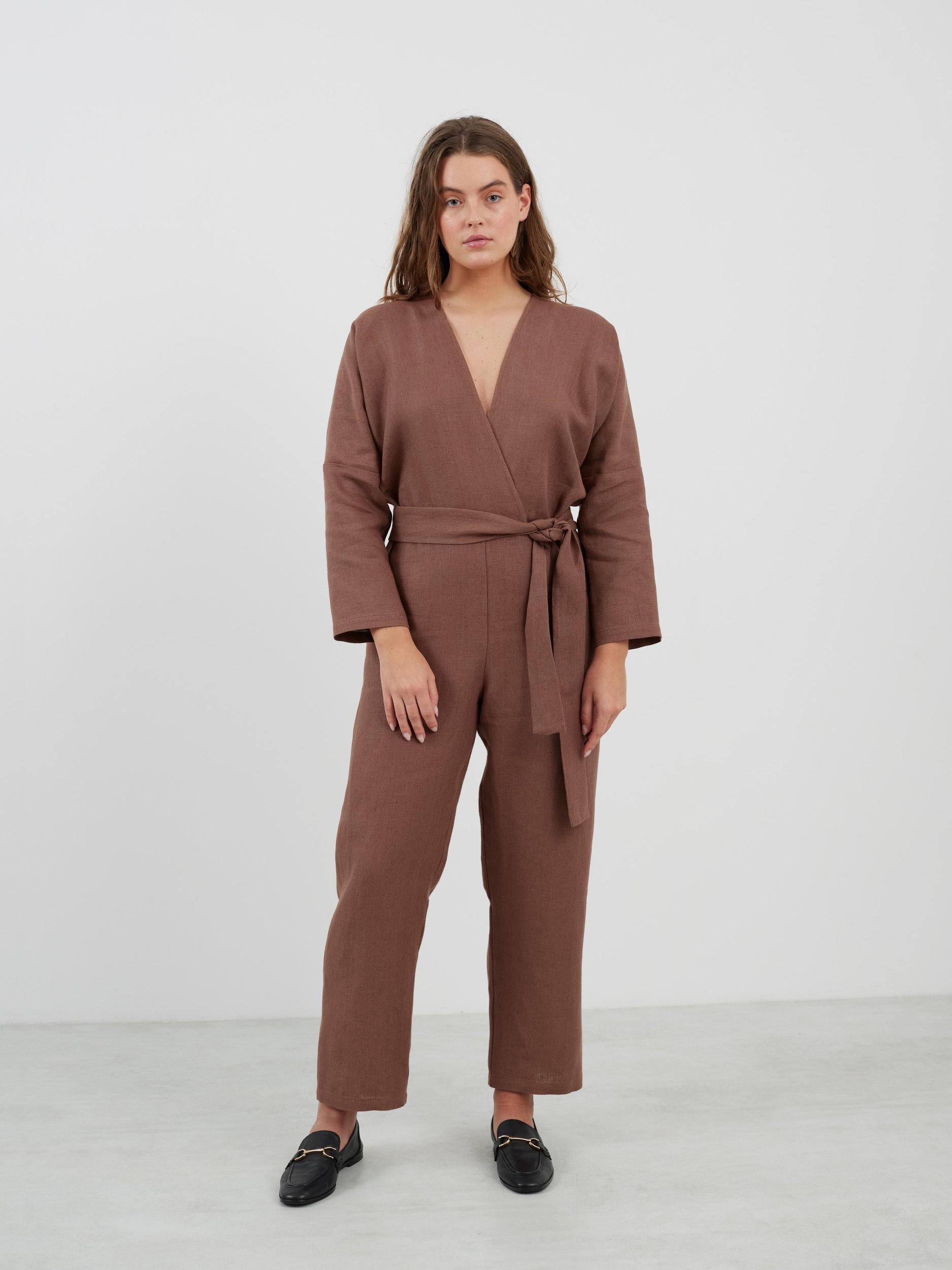 ATLAS Long Sleeve Linen Jumpsuit in Heavy Dark Brown - Image 2