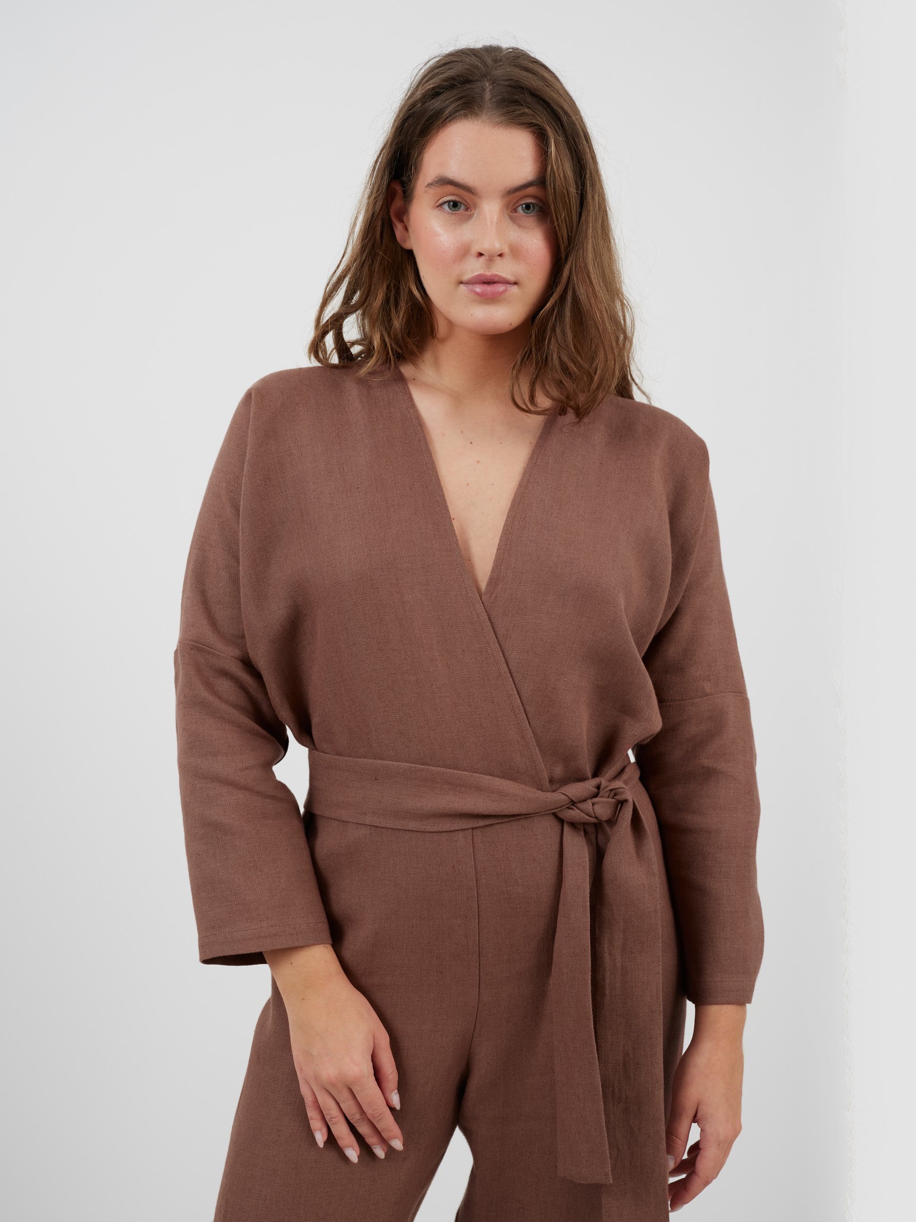 ATLAS Long Sleeve Linen Jumpsuit in Heavy Dark Brown - Image 3