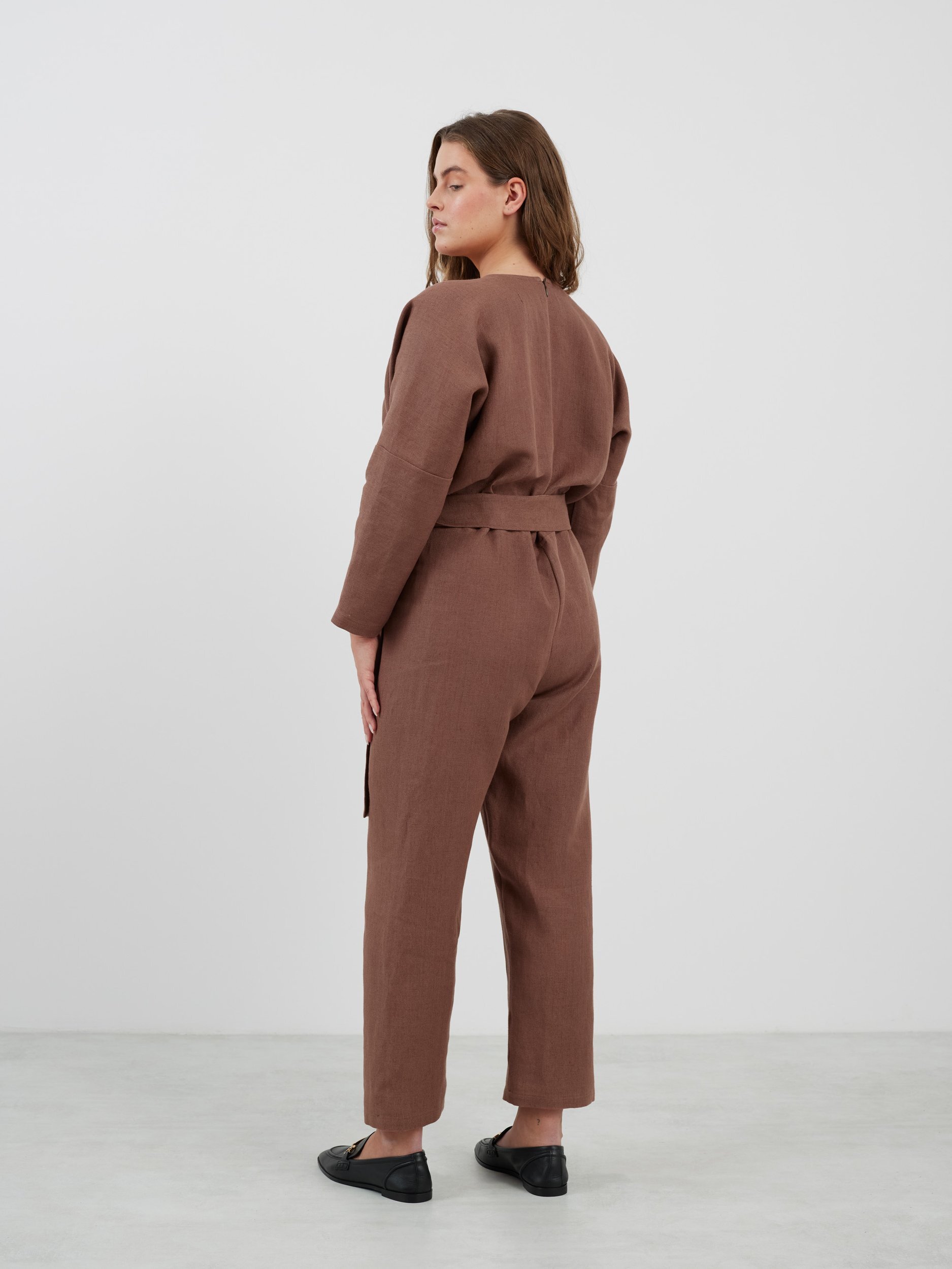 ATLAS Long Sleeve Linen Jumpsuit in Heavy Dark Brown - Image 5