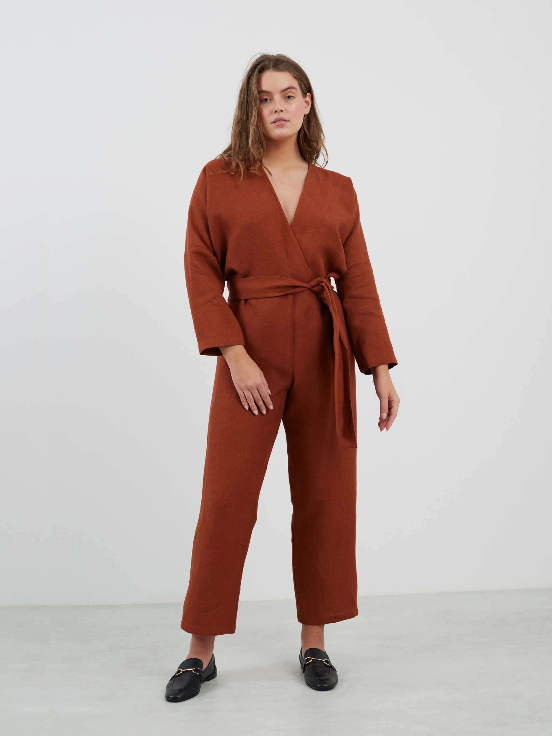 ATLAS Long Sleeve Linen Jumpsuit in Heavy Rust - Image 2