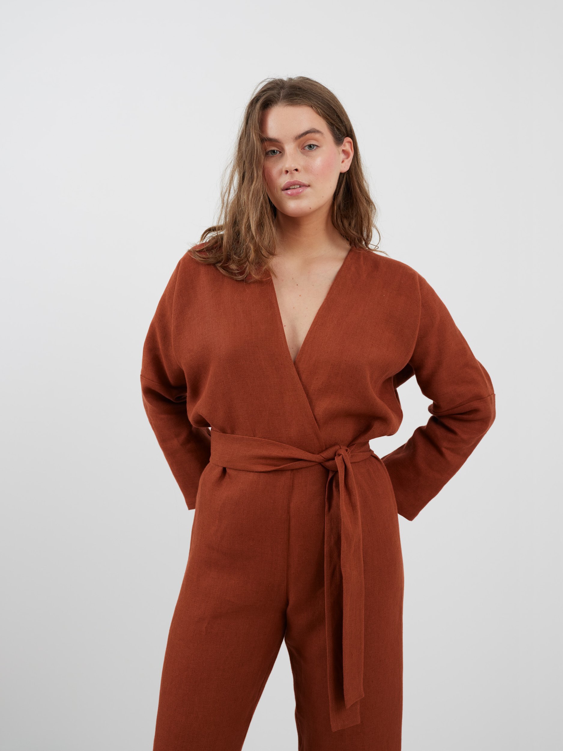 ATLAS Long Sleeve Linen Jumpsuit in Heavy Rust - Image 3