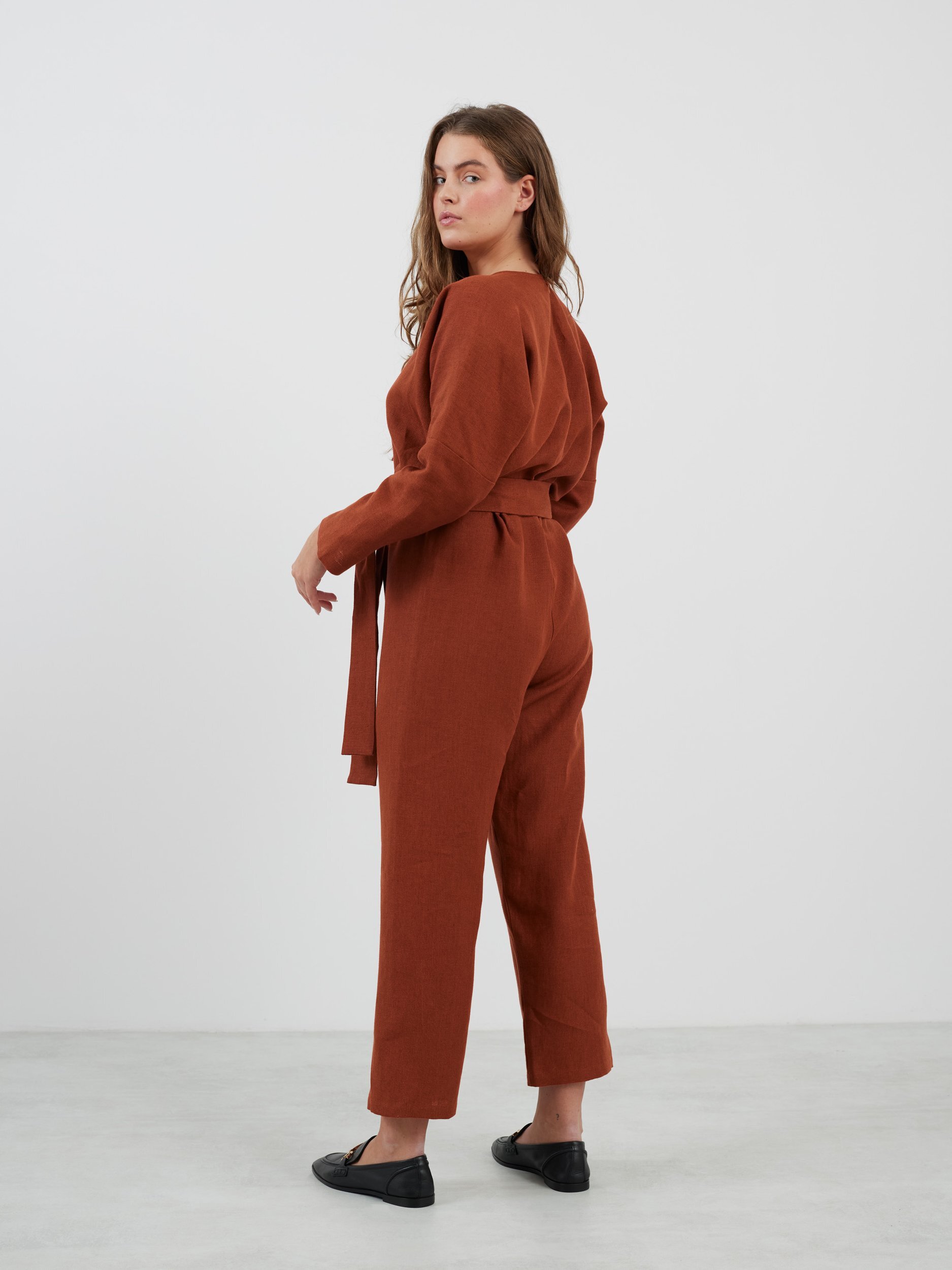 ATLAS Long Sleeve Linen Jumpsuit in Heavy Rust - Image 5
