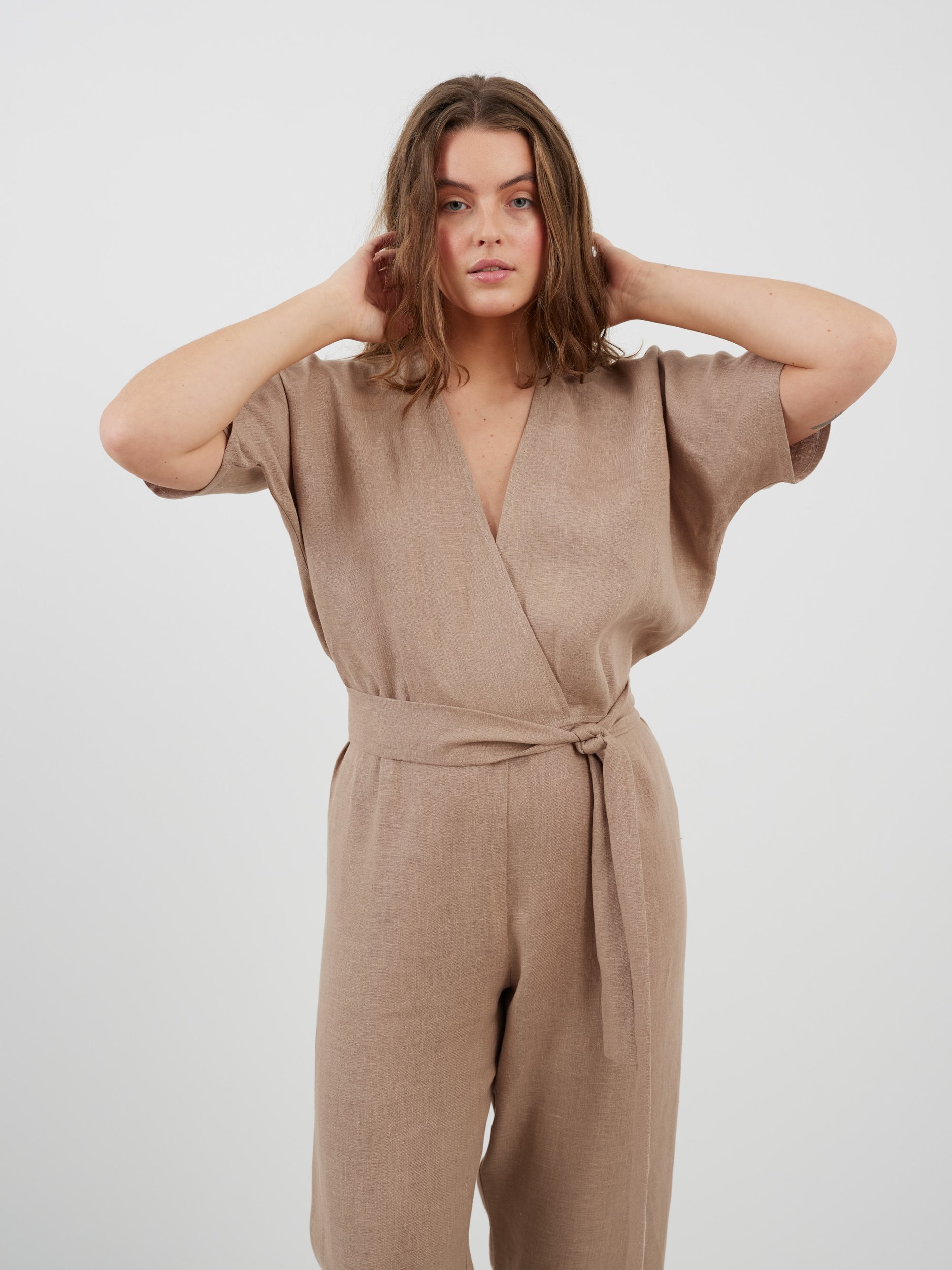 AURORA Linen Jumpsuit in Sand Brown - Image 3