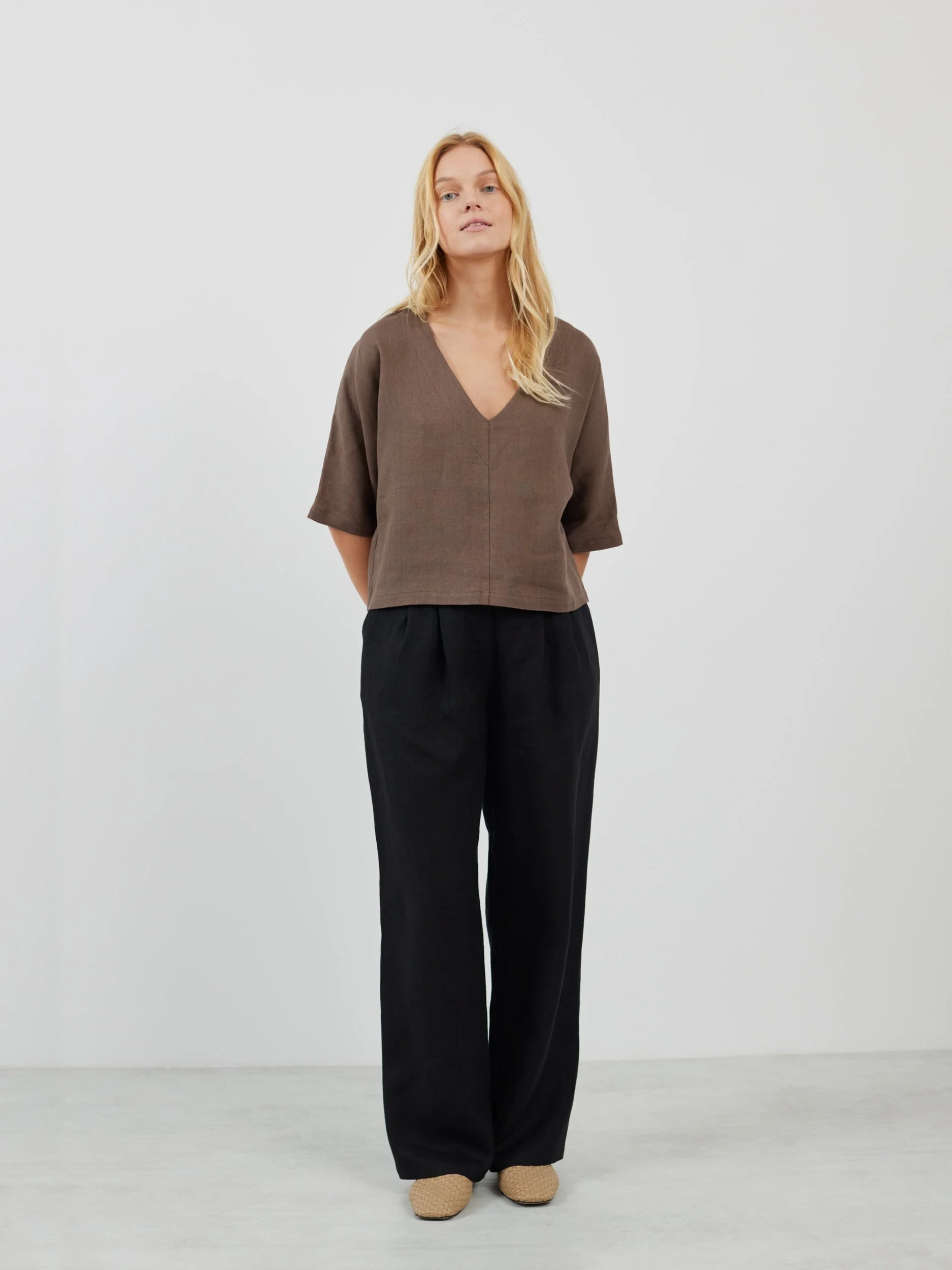 Image 2 of BRIANNA Linen V-neck Blouse in Cocoa from Love and Confuse