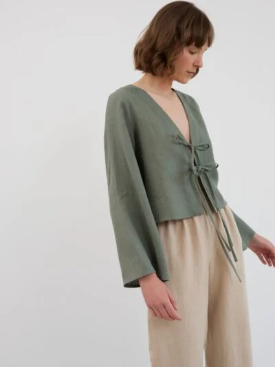 CASSIDY Cropped Tie-Front Linen Top with Bell Sleeves