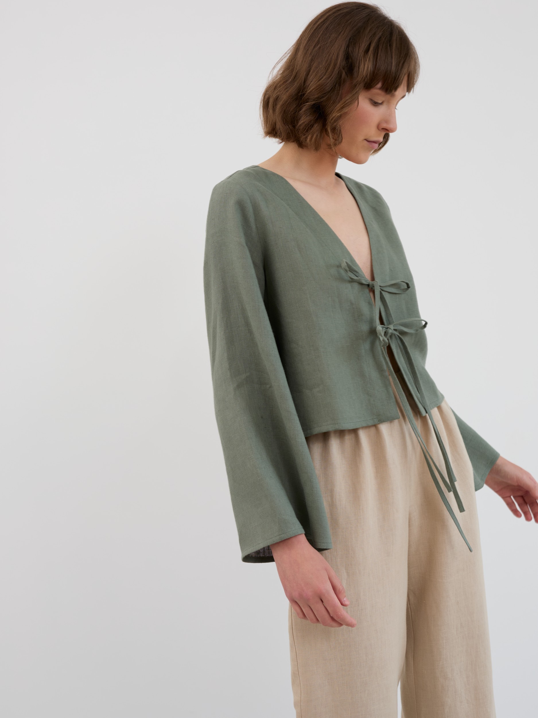 CASSIDY Cropped Tie-Front Linen Top with Bell Sleeves - Image 1