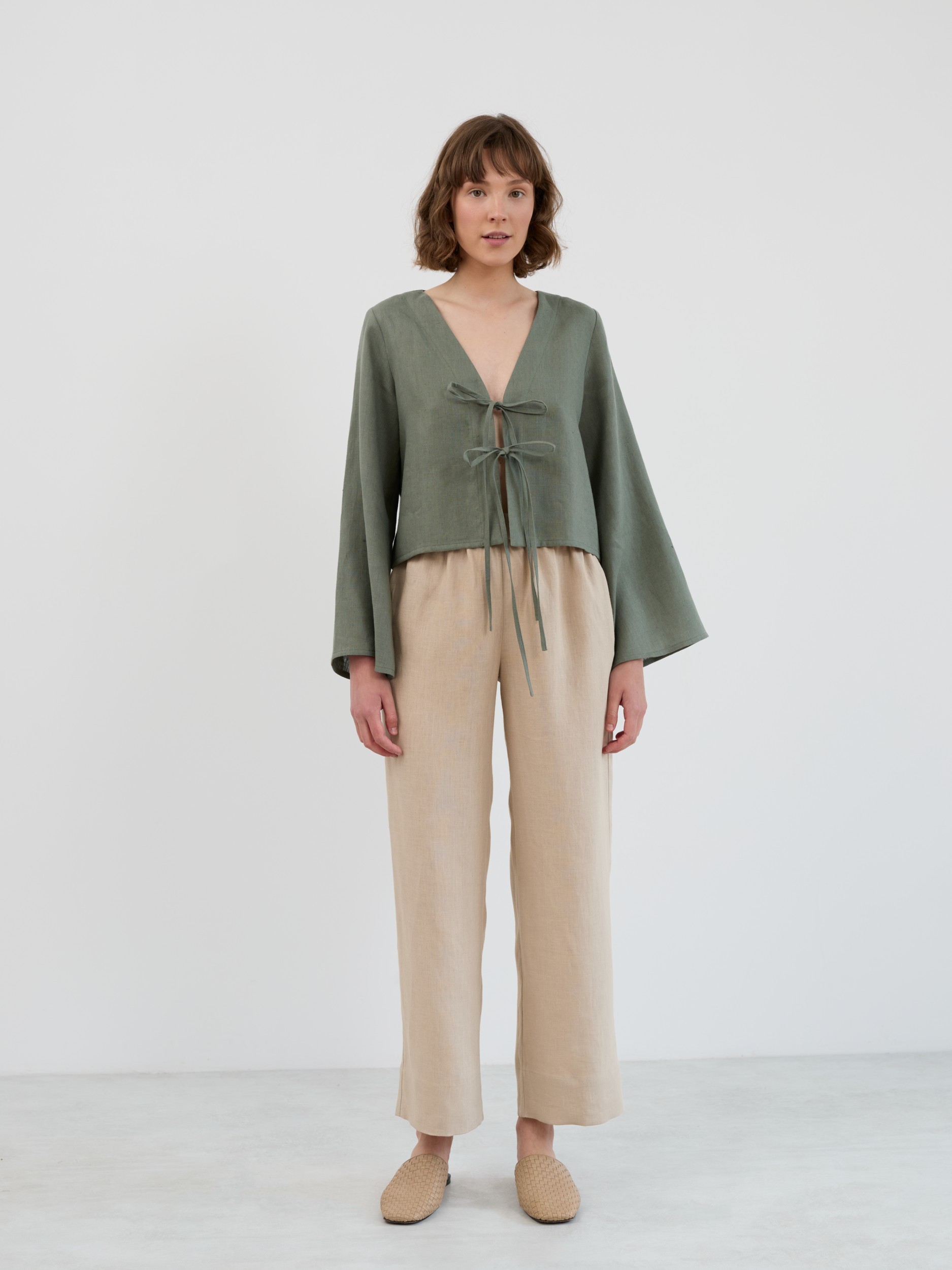 CASSIDY Cropped Tie-Front Linen Top with Bell Sleeves - Image 2