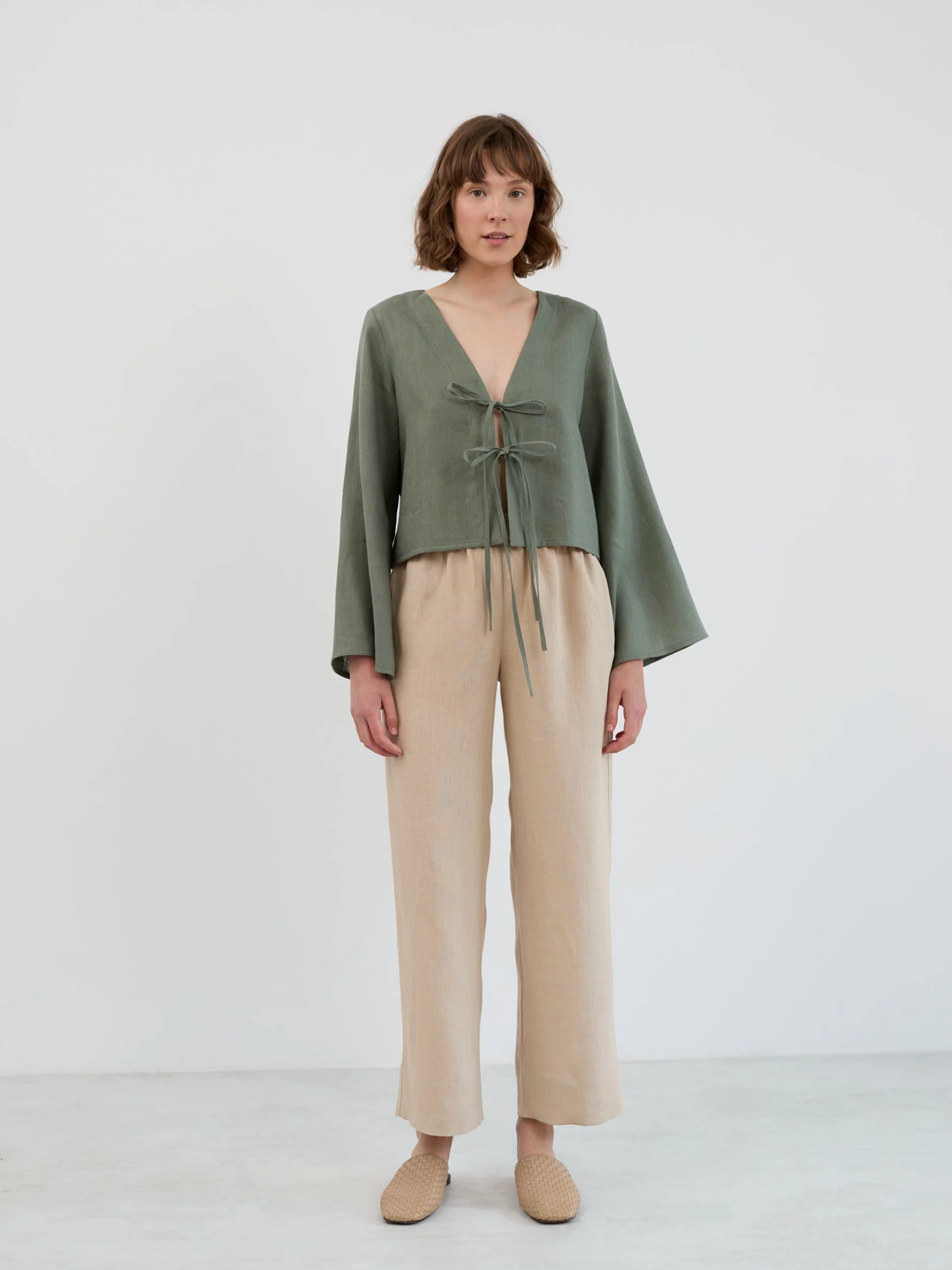 Image 2 of CASSIDY Linen Tie-Front Crop Top in Sage Green from Love and Confuse