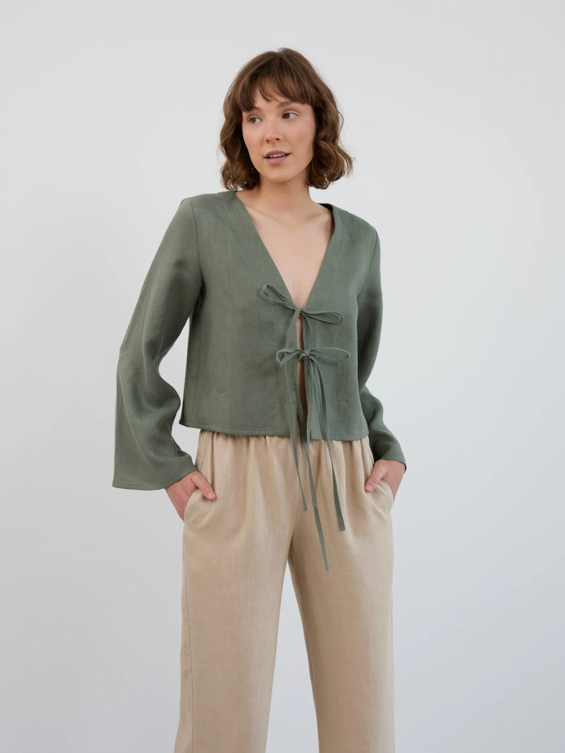 Image 3 of CASSIDY Linen Tie-Front Crop Top in Sage Green from Love and Confuse