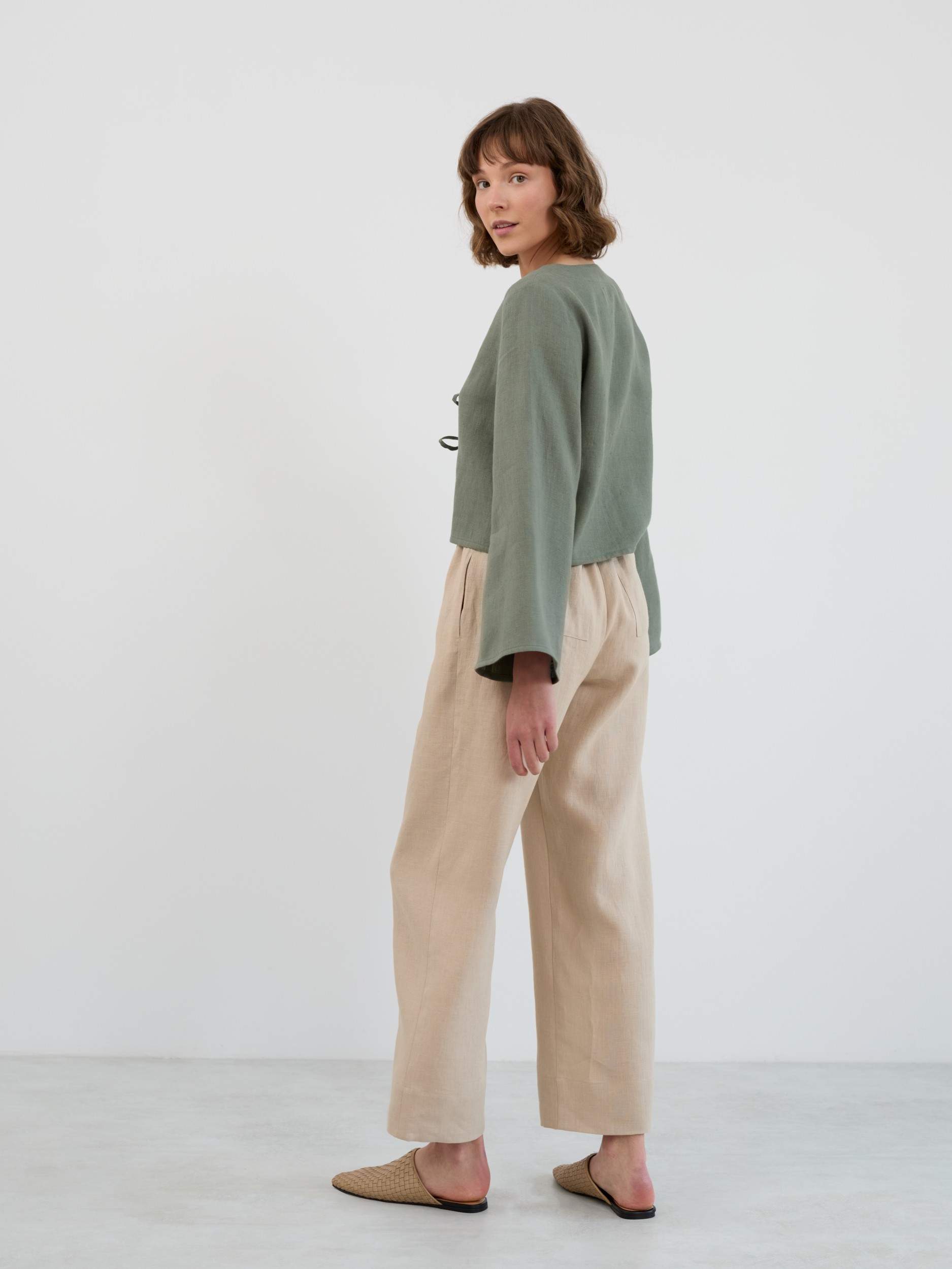 CASSIDY Cropped Tie-Front Linen Top with Bell Sleeves - Image 4