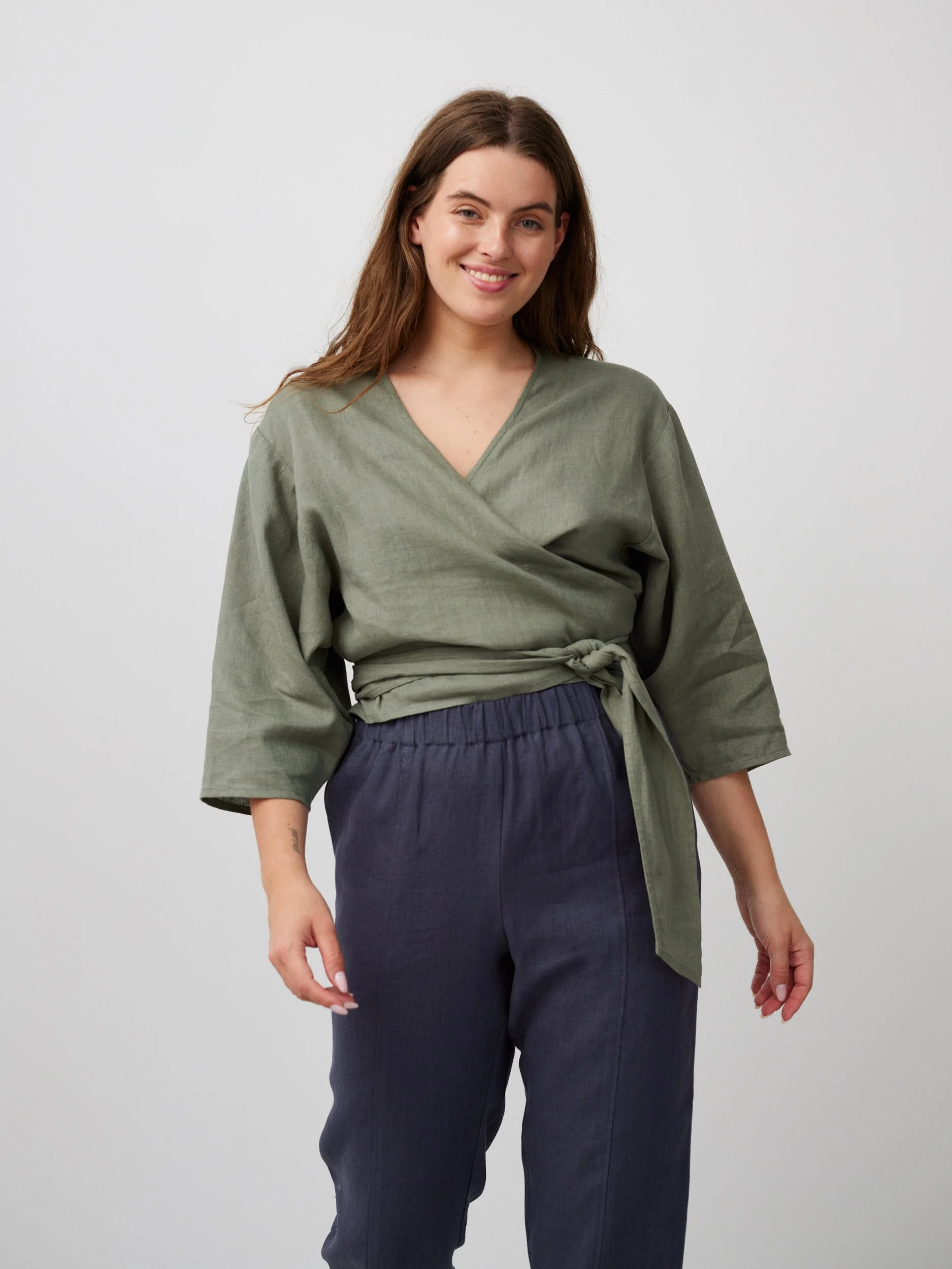 Image 3 of CLAIRE Linen Wrap Top in Sage Green from Love and Confuse