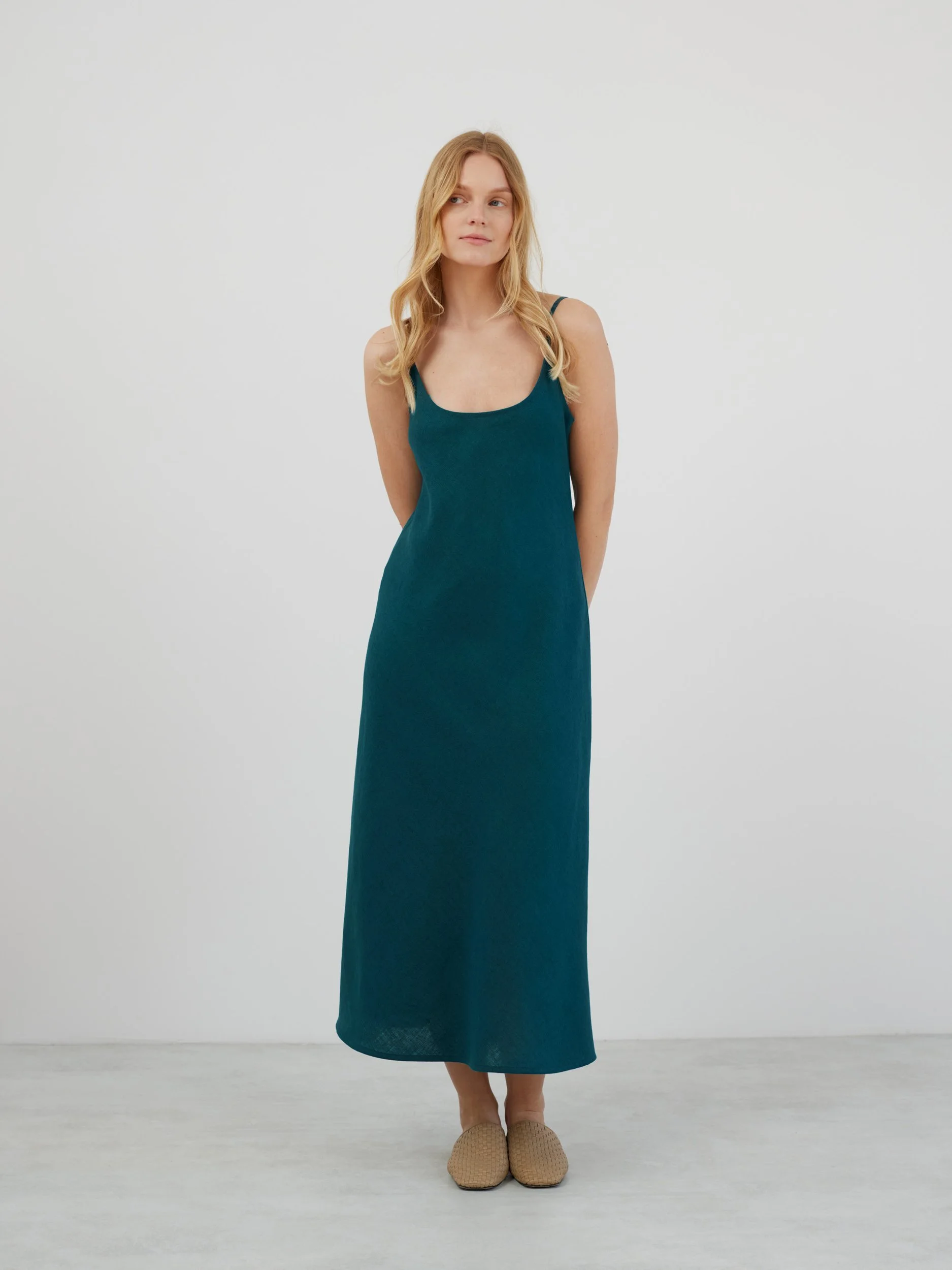 Image 3 of DIORA Linen Slip Dress in Emerald Blue from Love and Confuse